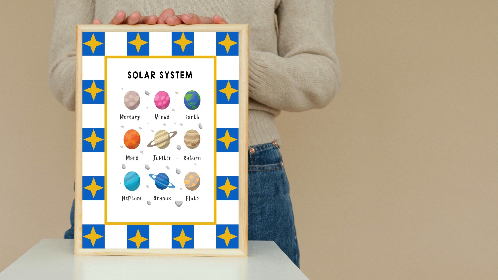 Blue Checked & Stars Solar System Poster | Educational Wall Art