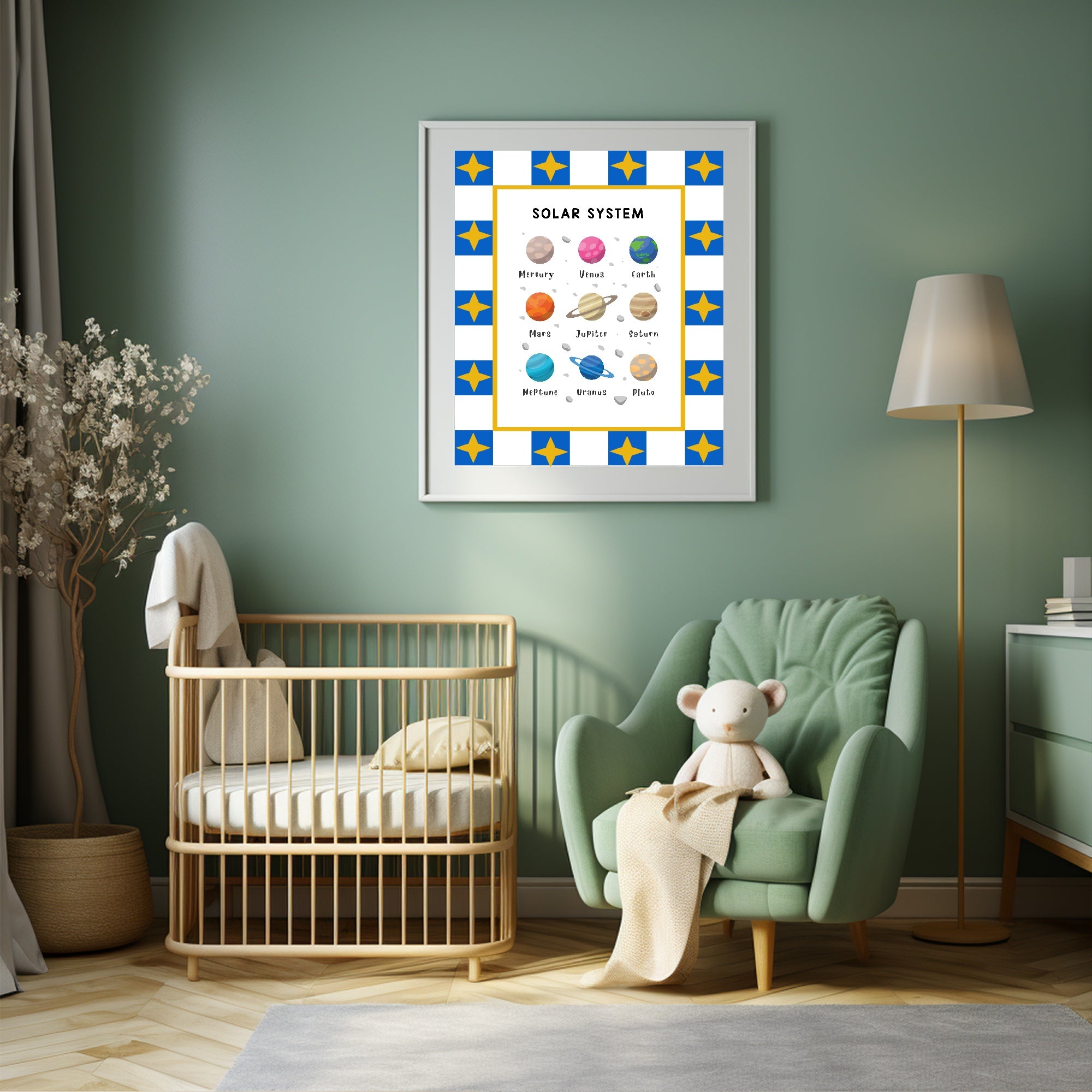 Blue Checked & Stars Solar System Poster | Educational Wall Art