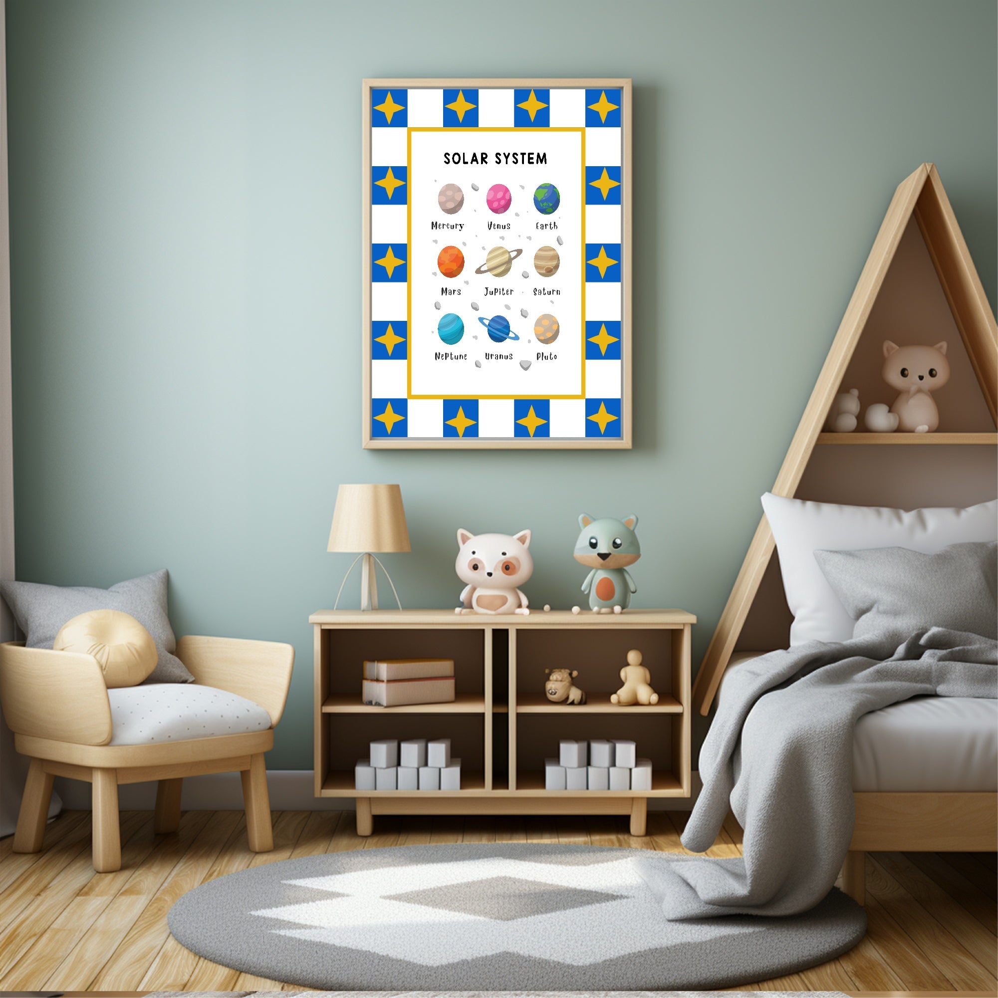 Blue Checked & Stars Solar System Poster | Educational Wall Art