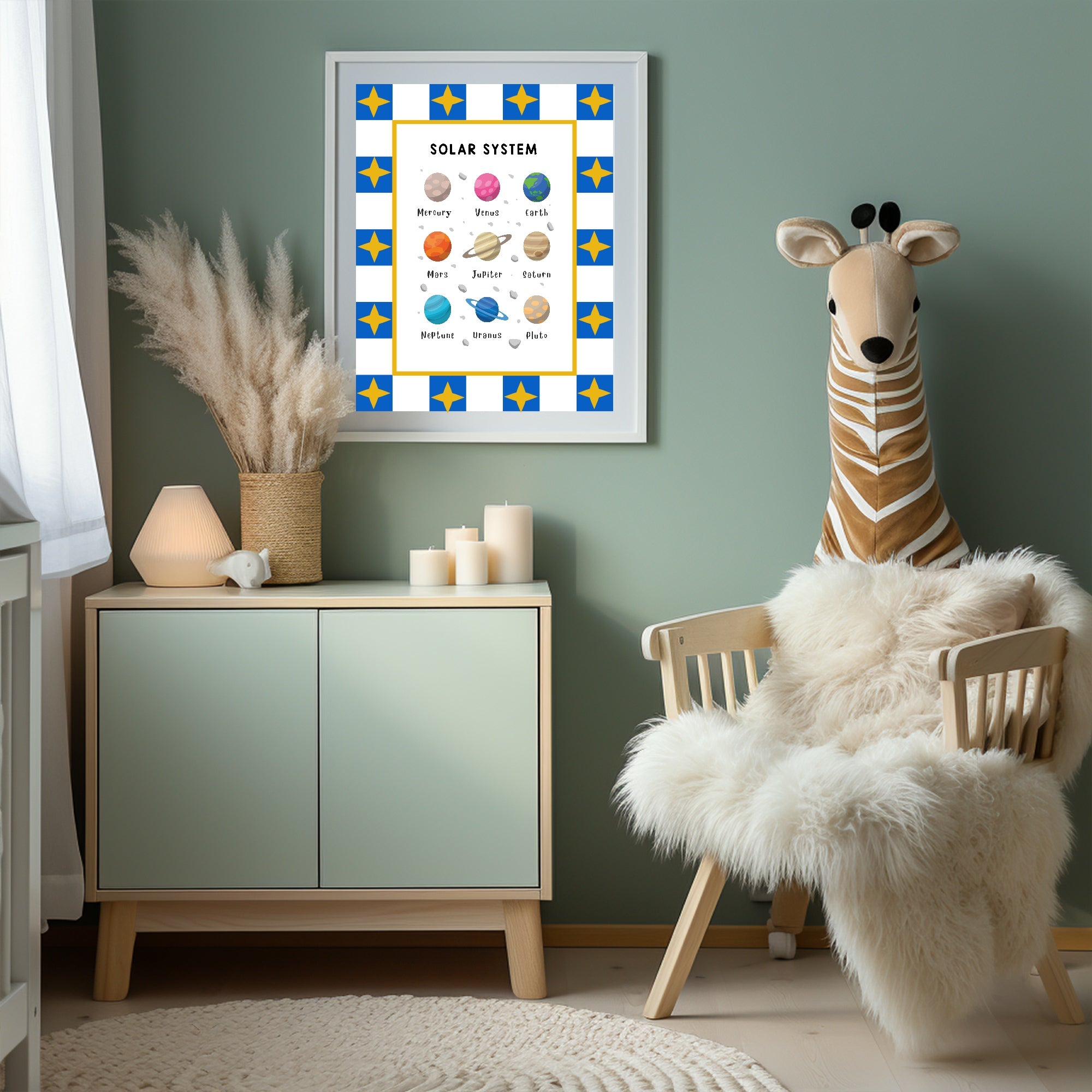 Blue Checked & Stars Solar System Poster | Educational Wall Art