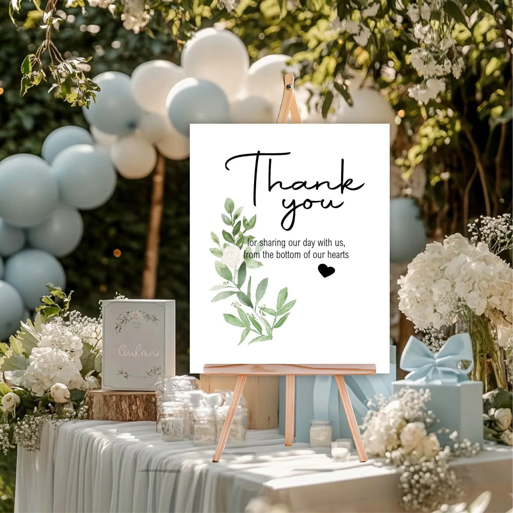 Green & White Rose Thank You Wedding Party Sign - Larosier Prints