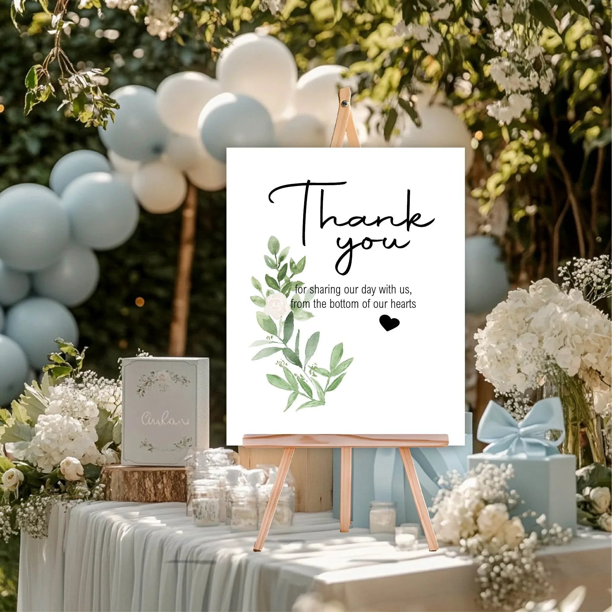 Green & White Rose Thank You Wedding Party Sign - Larosier Prints
