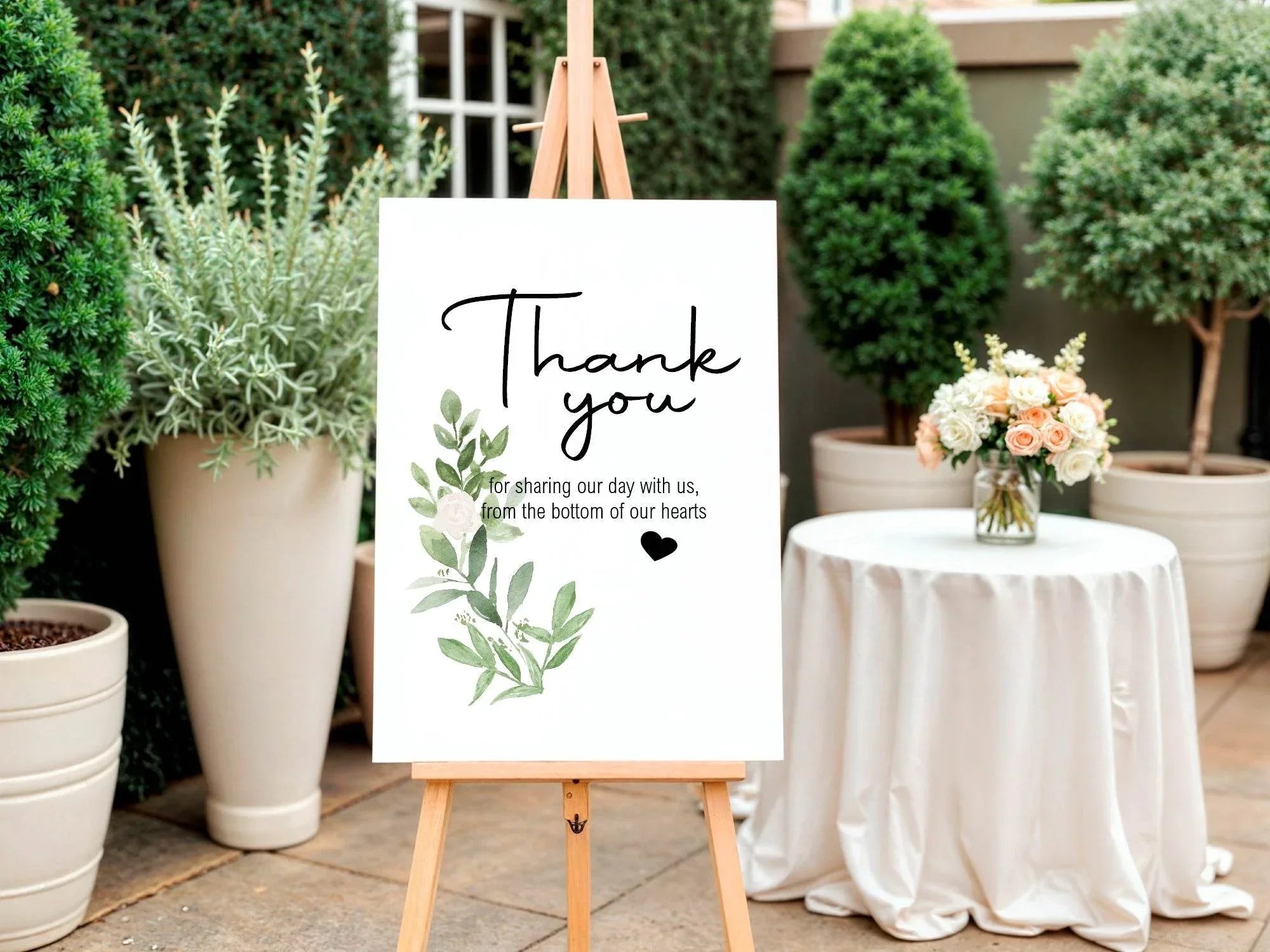 Green & White Rose Thank You Wedding Party Sign - Larosier Prints