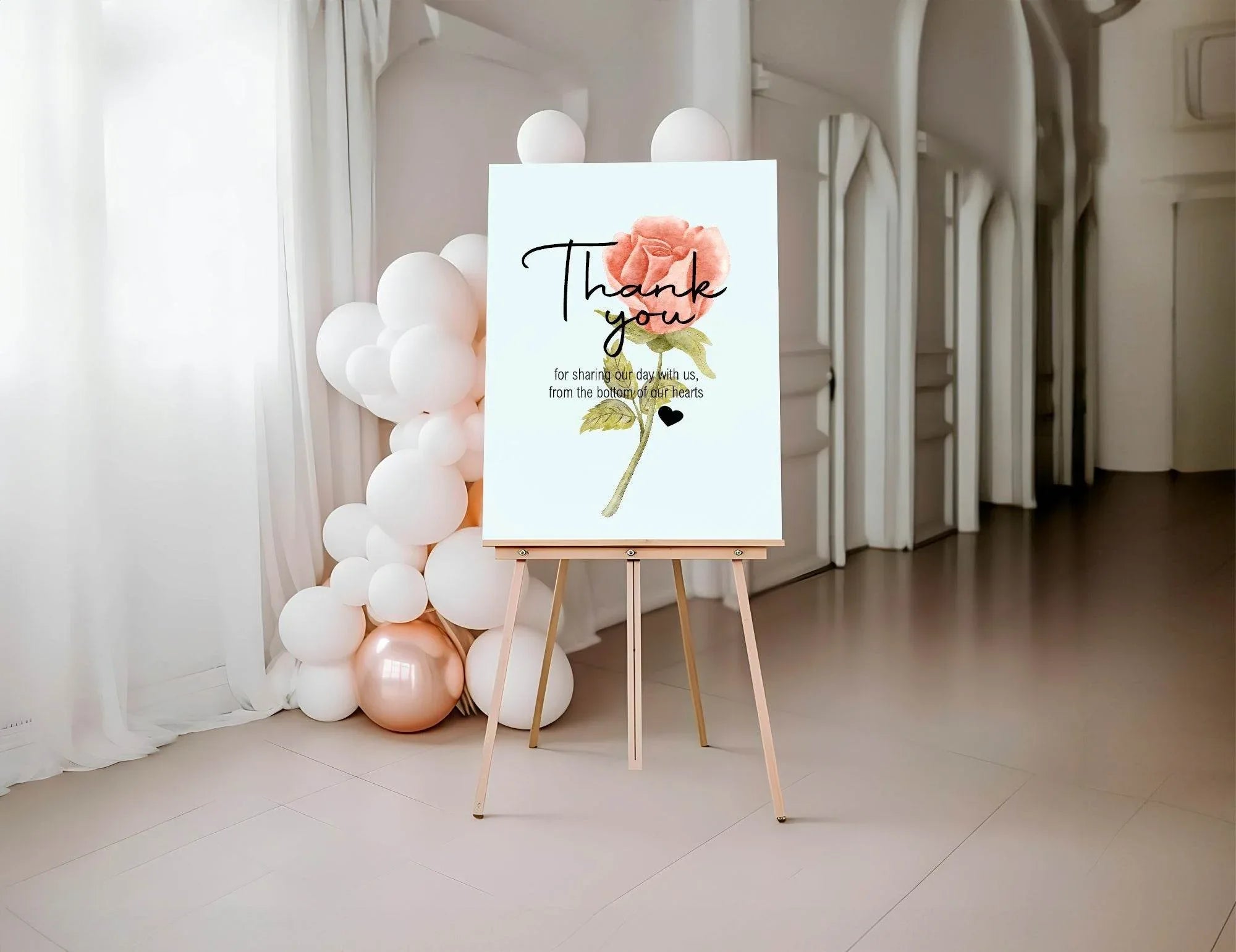 Pink Rose Thank You Wedding Party Sign - Larosier Prints