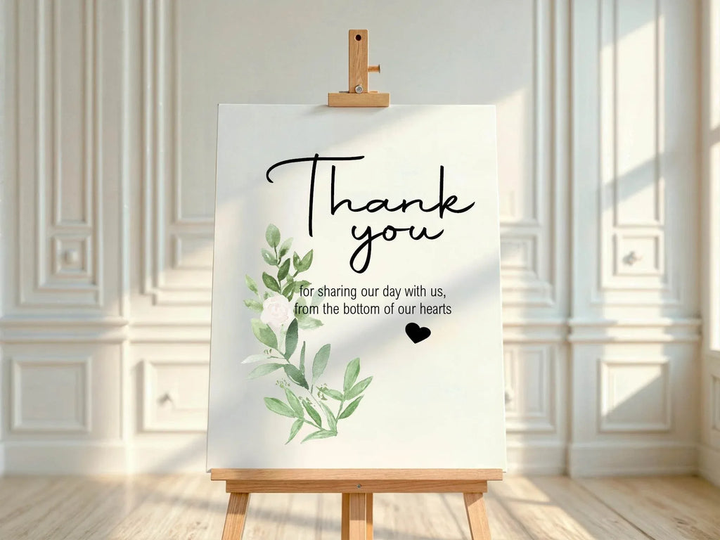 Green & White Rose Thank You Wedding Party Sign - Larosier Prints