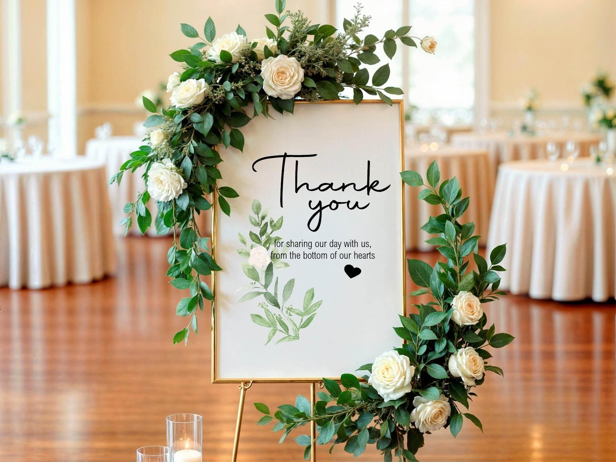 Green & White Rose Thank You Wedding Party Sign - Larosier Prints