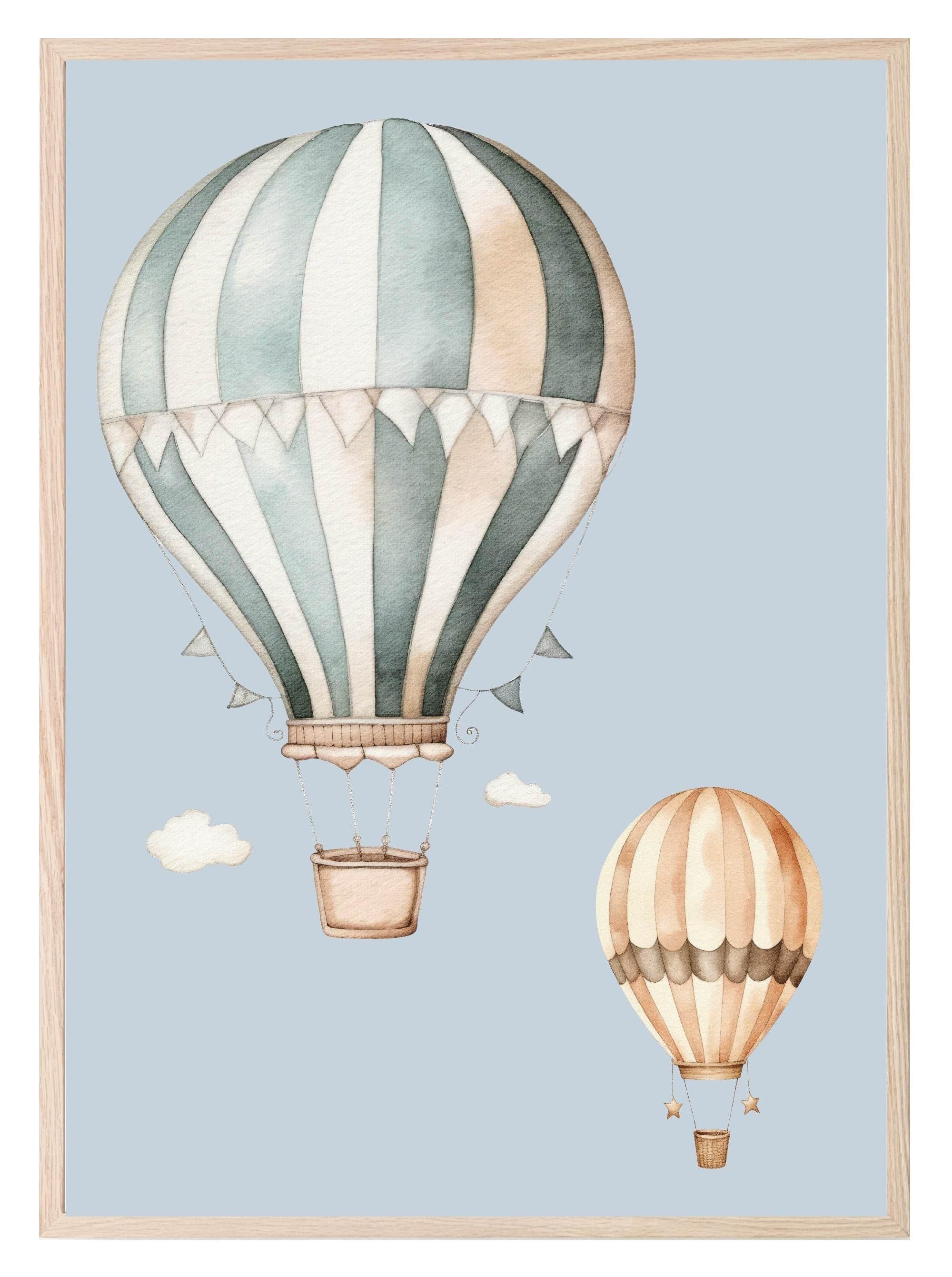 Hot Air Balloons Print | Blue | Kids Wall Art - Larosier Prints