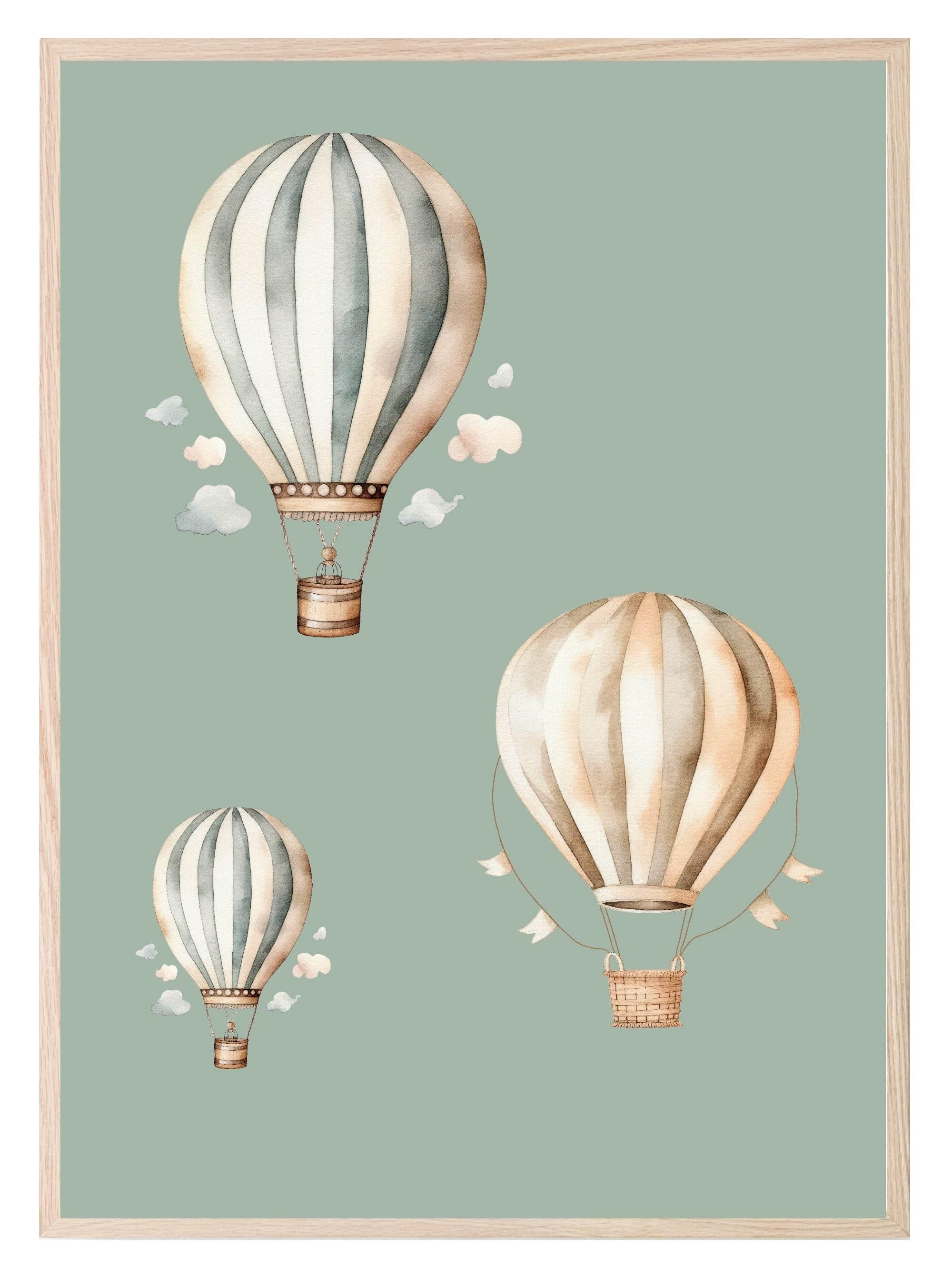 Hot Air Balloons Print | Green | Kids Wall Art - Larosier Prints