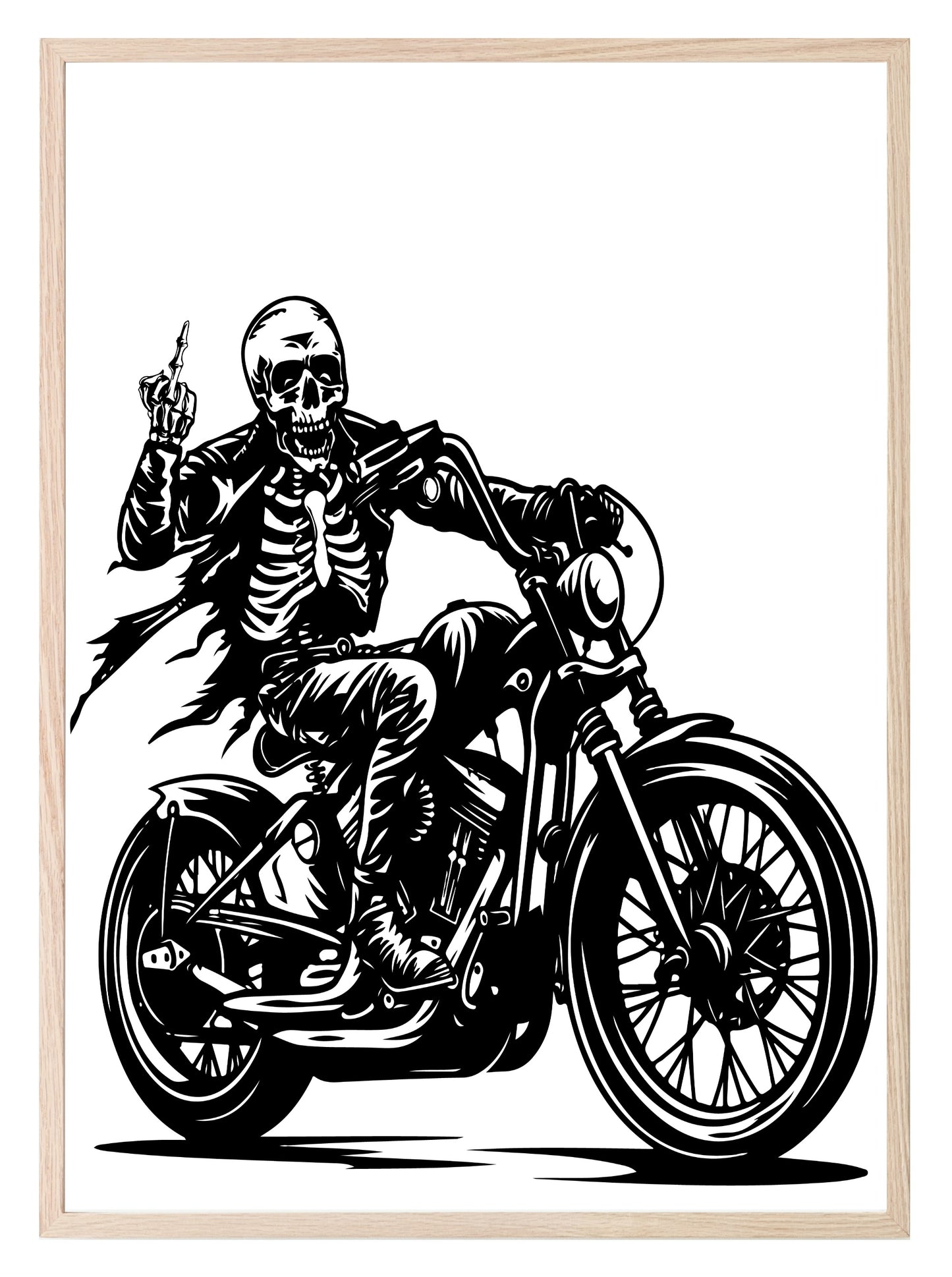 Skeleton On Motorcycle Print | Middle Finger | Monochrome | Gothic Wall Art