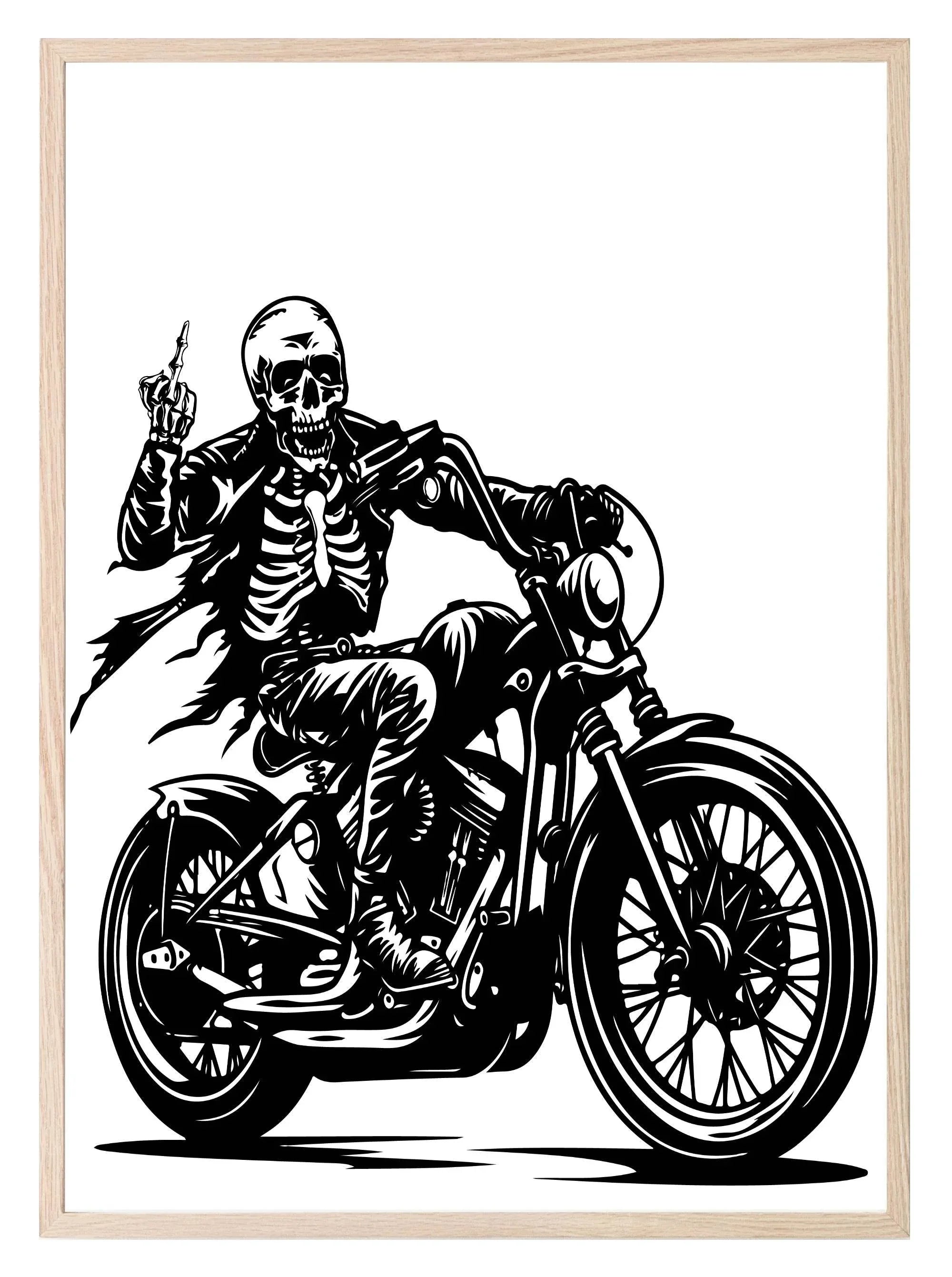 Skeleton On Motorcycle Print | Middle Finger | Monochrome | Gothic Wall Art - Larosier Prints