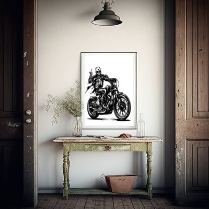 Skeleton On Motorcycle Print | Middle Finger | Monochrome | Gothic Wall Art