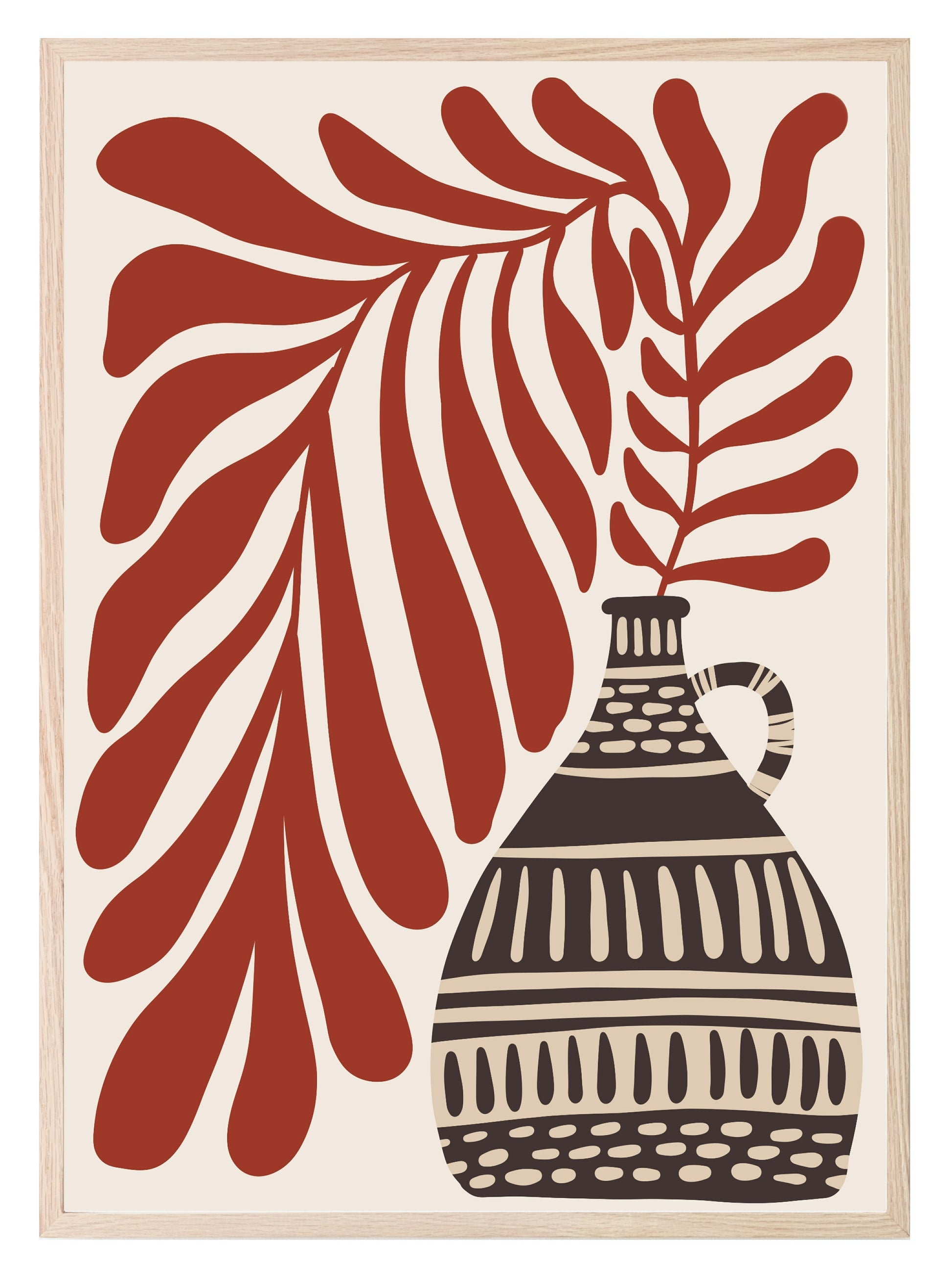 Patterned Vase With Red Leaves Print | Botanical Wall Art