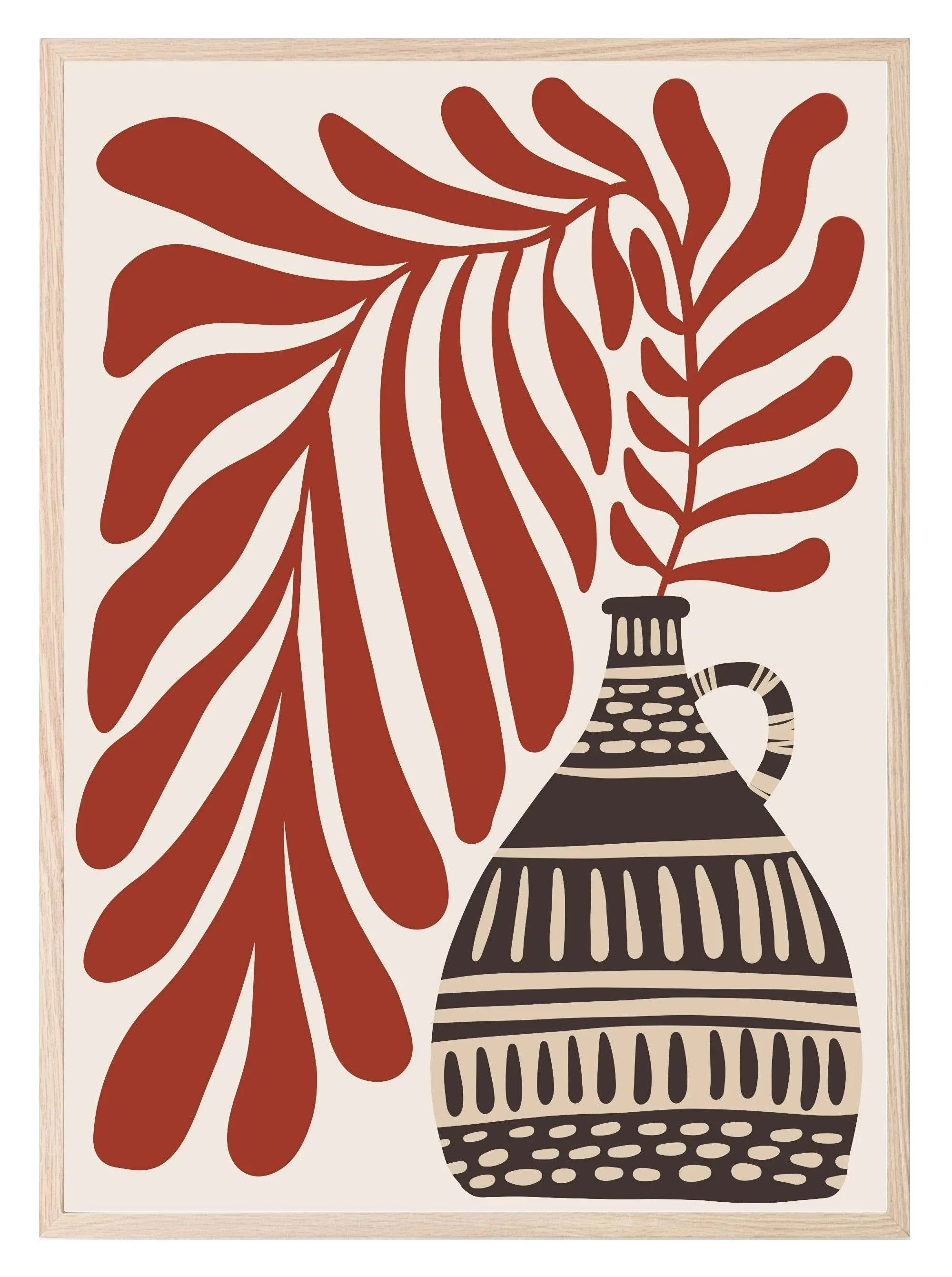 Patterned Vase With Red Leaves Print | Botanical Wall Art - Larosier Prints