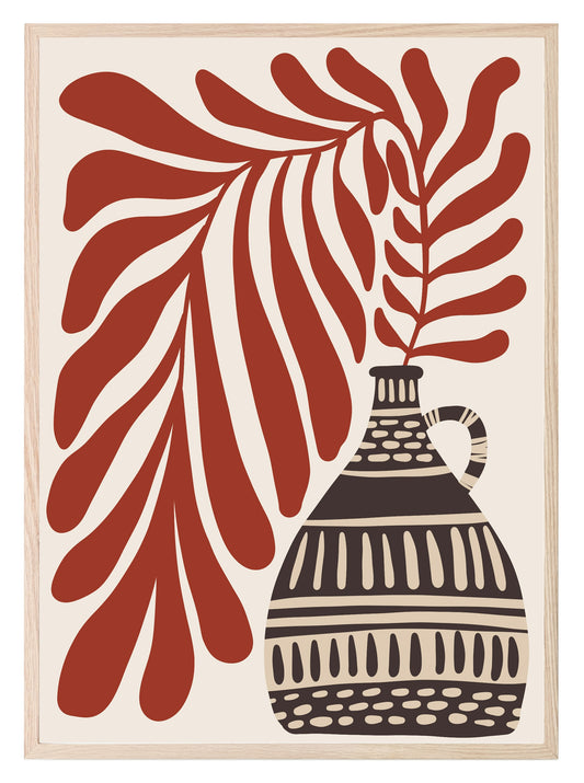 Patterned Vase With Red Leaves Print | Botanical Wall Art