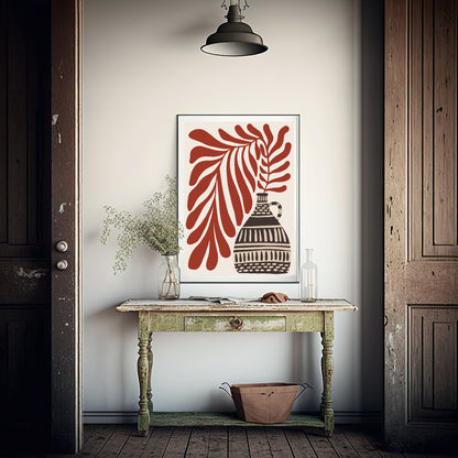 Patterned Vase With Red Leaves Print | Botanical Wall Art