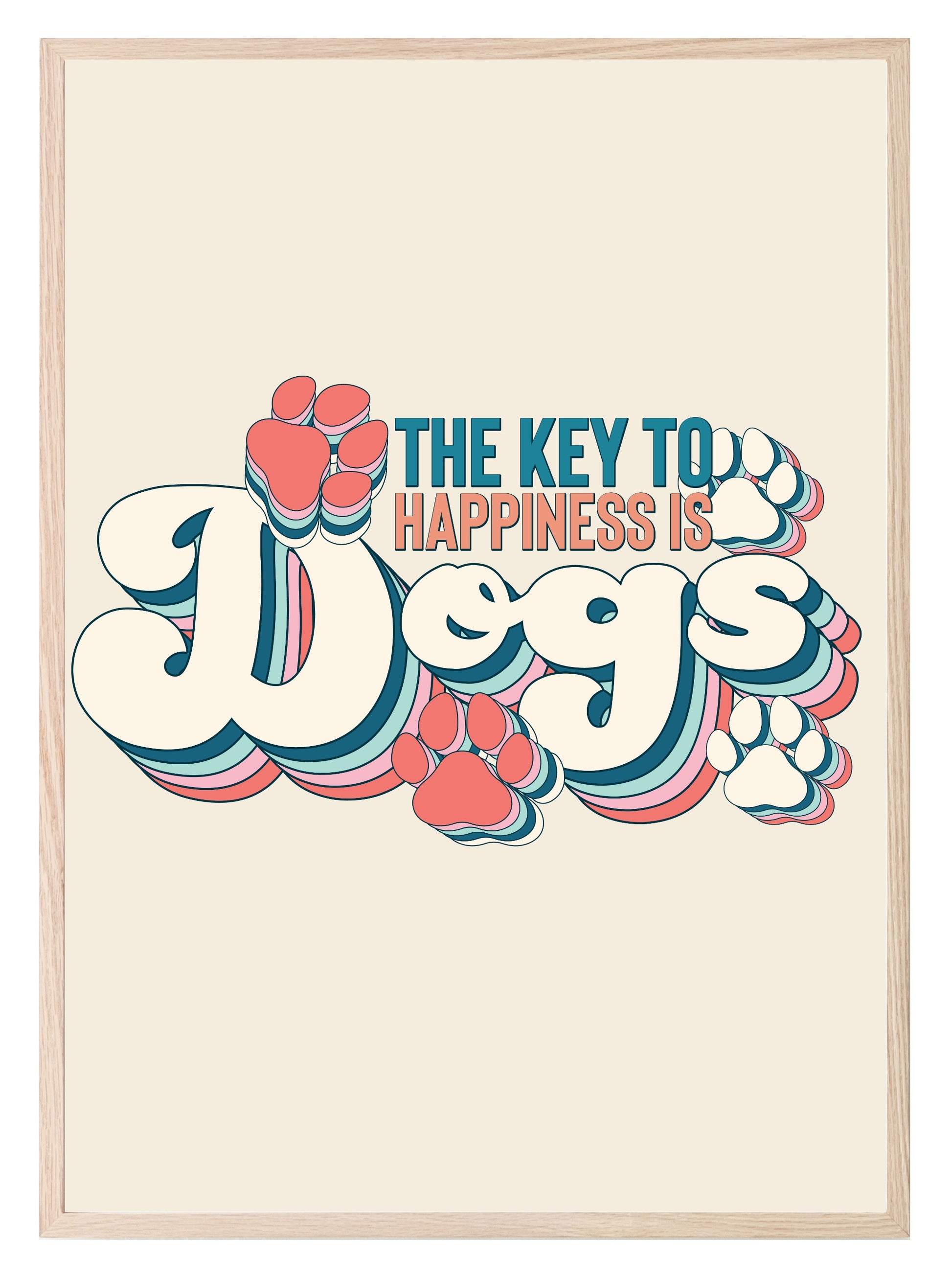 The Key To Happiness Is Dogs Print | Retro Pet Lovers Wall Art