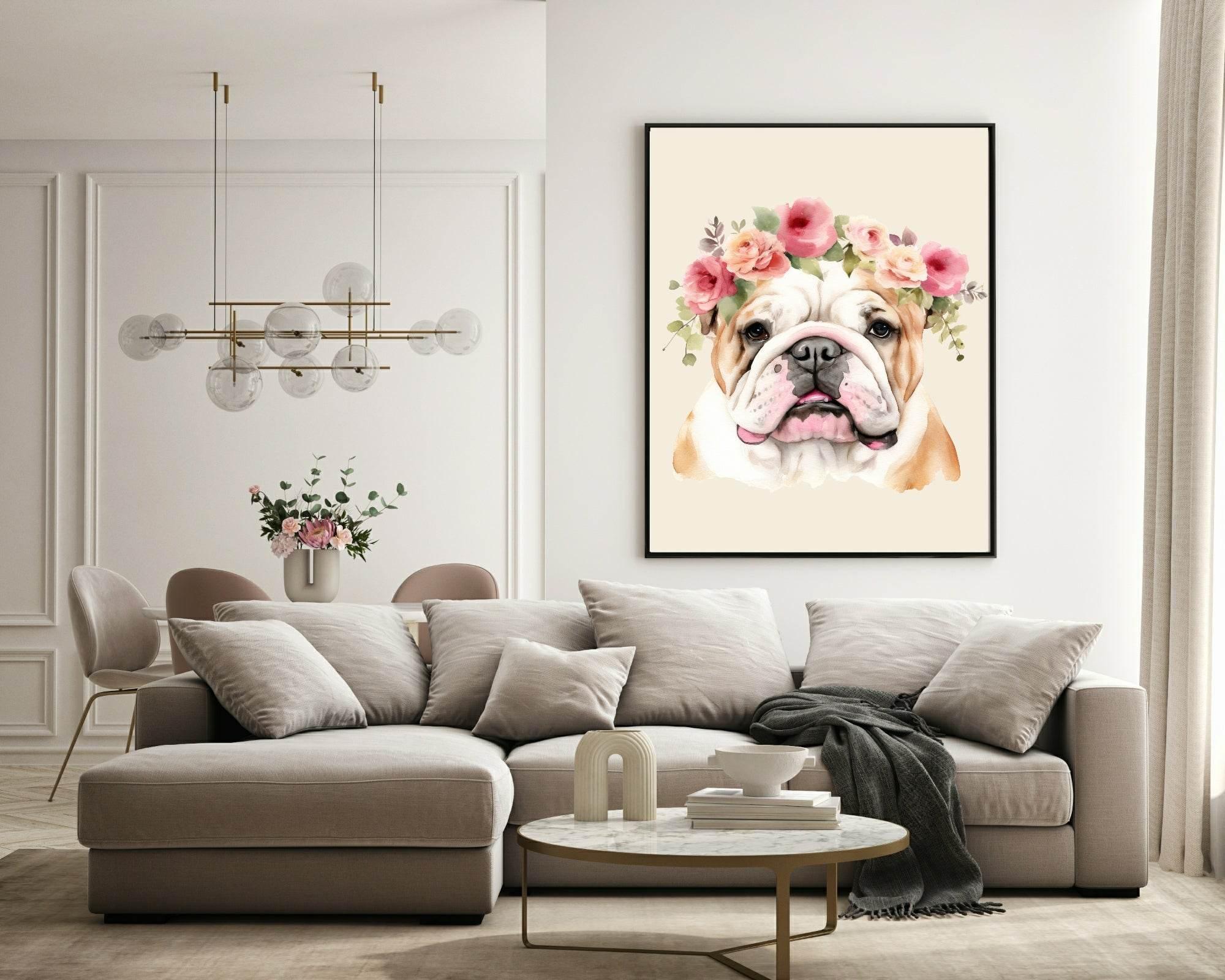 Floral Crown Bulldog Print | Pet Lovers Wall Art - Larosier Prints