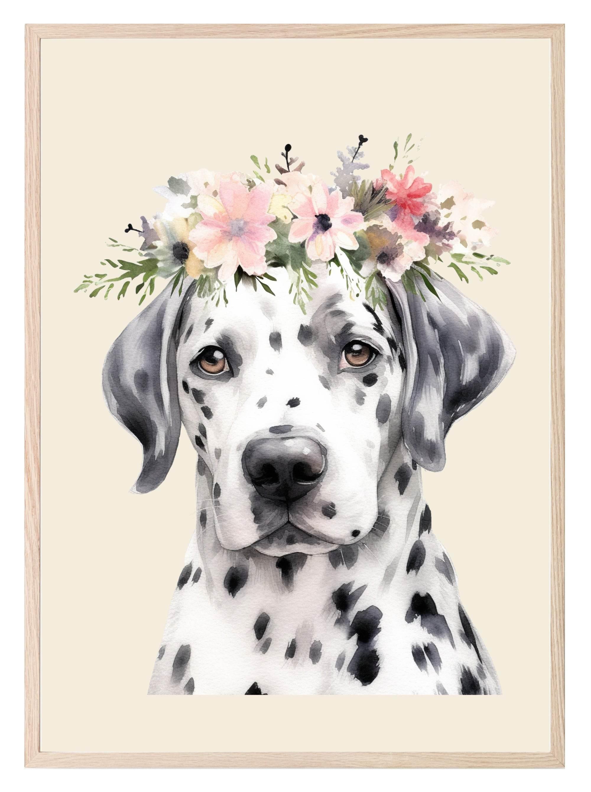 Floral Crown Dalmatian Dog Print | Pet Lovers Wall Art - Larosier Prints
