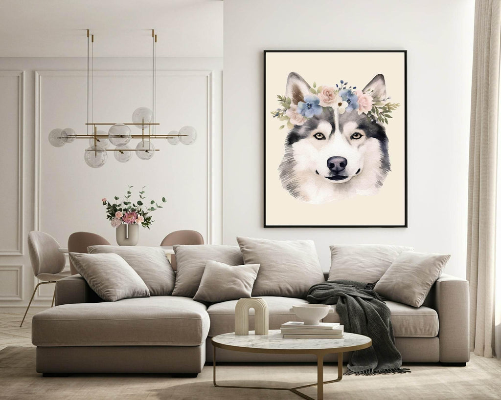 Floral Crown Husky Dog Print | Pet Lovers Wall Art - Larosier Prints