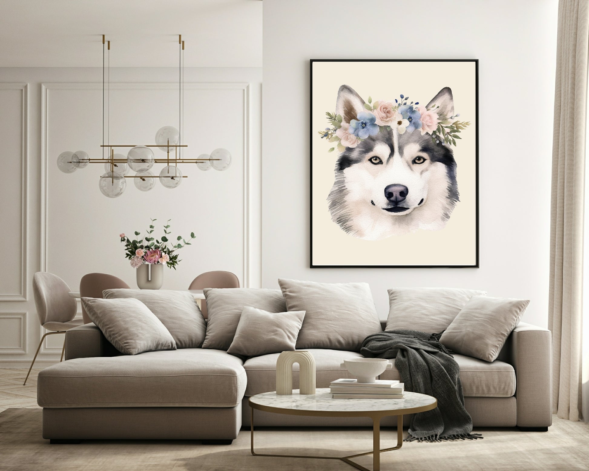 Floral Crown Husky Dog Print | Pet Lovers Wall Art