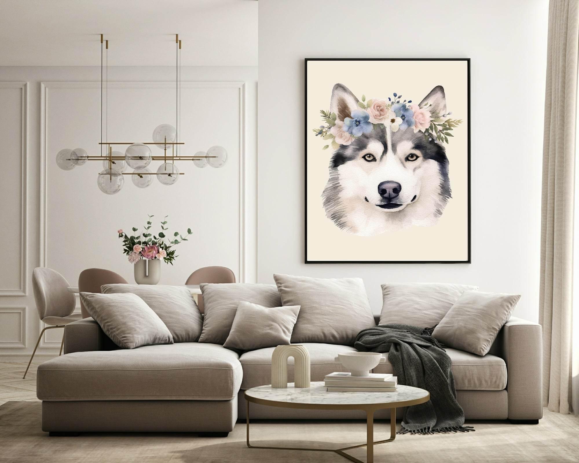 Floral Crown Husky Dog Print | Pet Lovers Wall Art - Larosier Prints