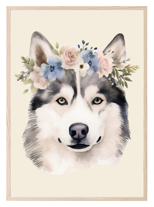 Floral Crown Husky Dog Print | Pet Lovers Wall Art