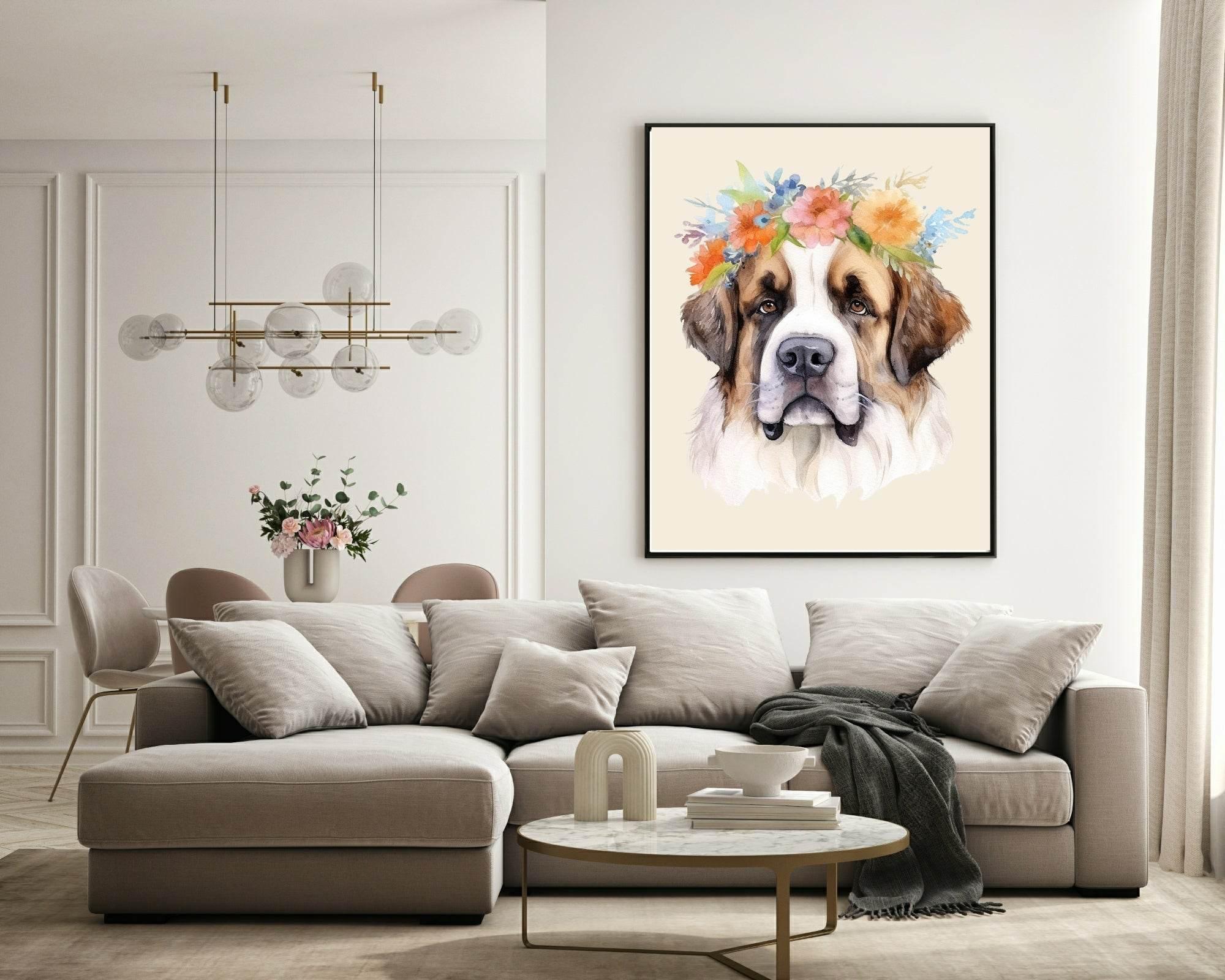 Floral Crown St Bernard Dog Print | Pet Lovers Wall Art - Larosier Prints