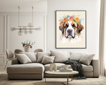 Floral Crown St Bernard Dog Print | Pet Lovers Wall Art