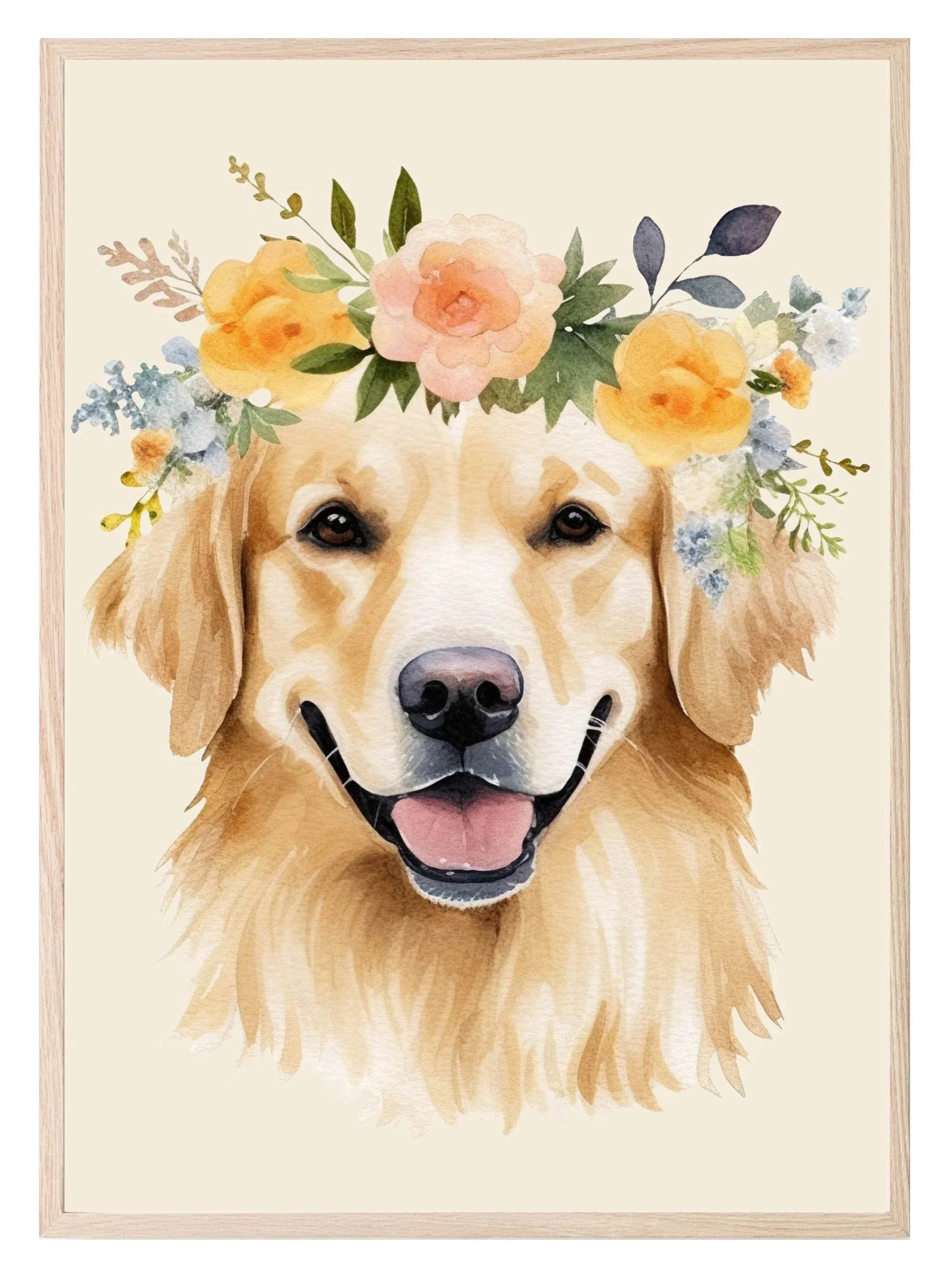 Floral Crown Golden Retriever Dog Print | Pet Lovers Wall Art - Larosier Prints