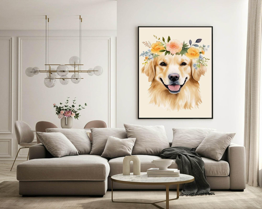 Floral Crown Golden Retriever Dog Print | Pet Lovers Wall Art - Larosier Prints