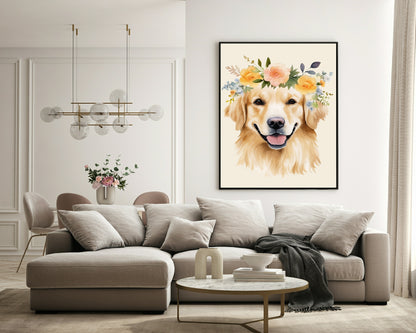 Floral Crown Golden Retriever Dog Print | Pet Lovers Wall Art