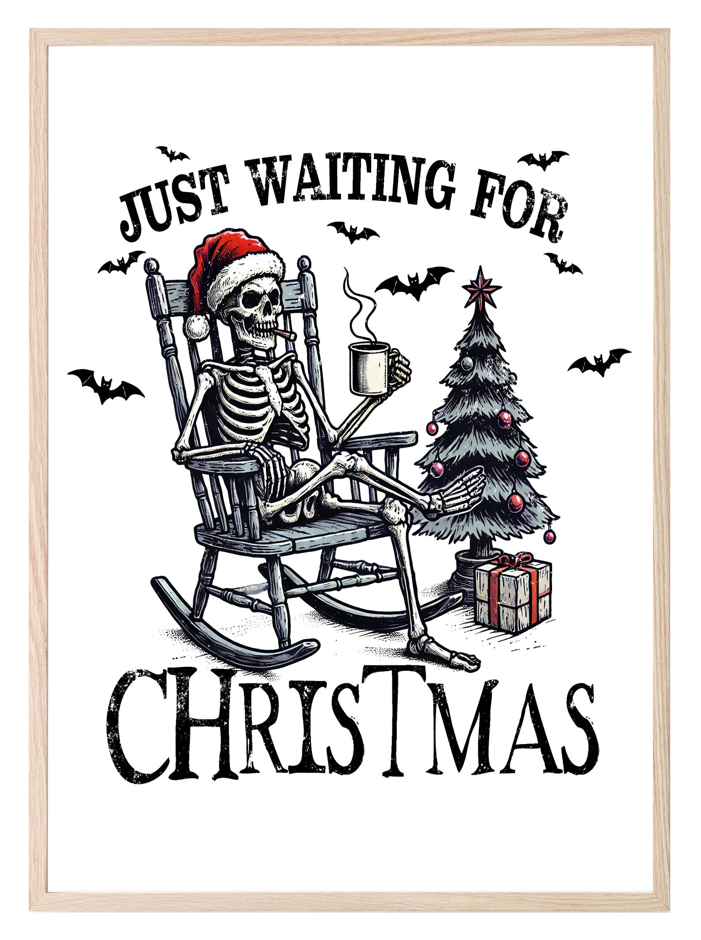 Just Waiting for Christmas Print | Skeleton in Santa Hat Wall Art