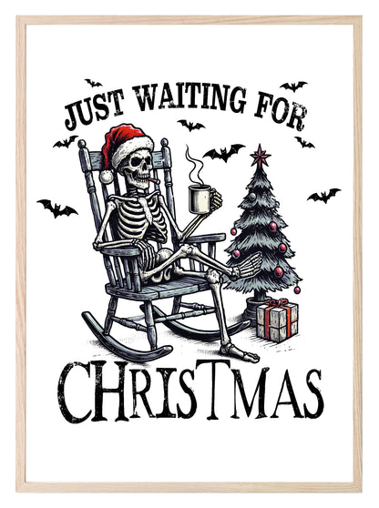 Just Waiting for Christmas Print | Skeleton in Santa Hat Wall Art