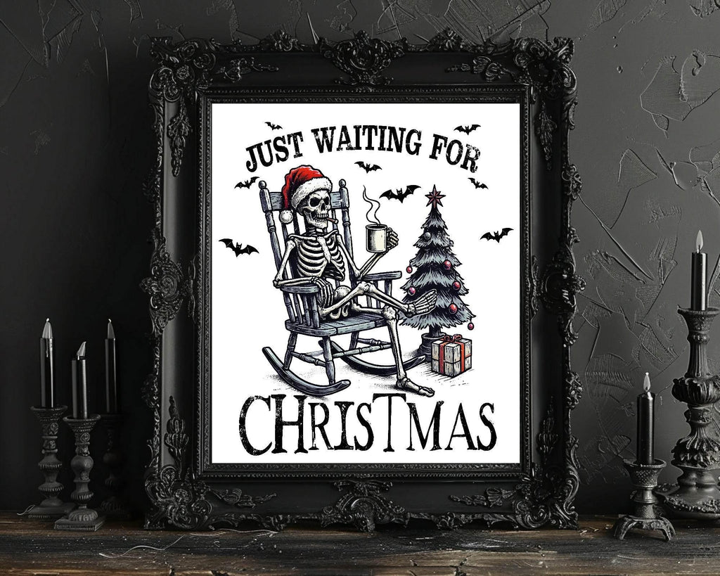 Just Waiting for Christmas Print | Skeleton in Santa Hat Wall Art - Larosier Prints