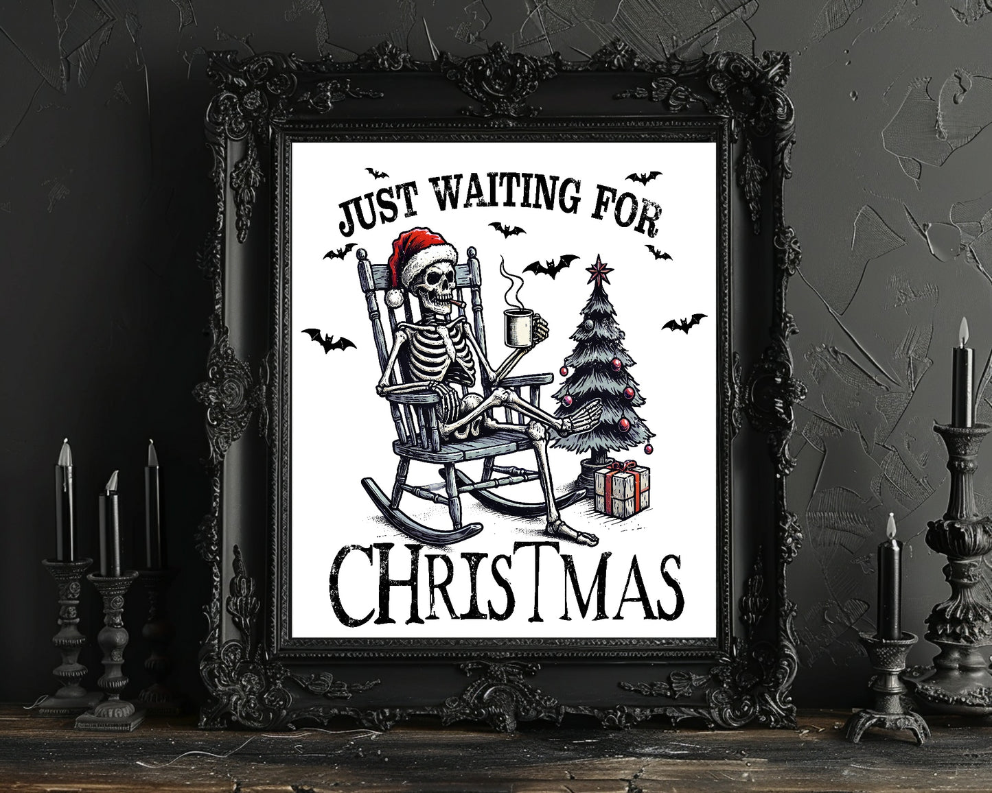 Just Waiting for Christmas Print | Skeleton in Santa Hat Wall Art