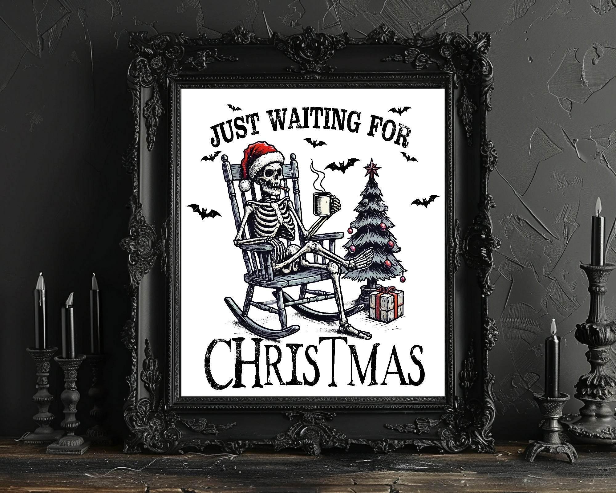 Just Waiting for Christmas Print | Skeleton in Santa Hat Wall Art - Larosier Prints