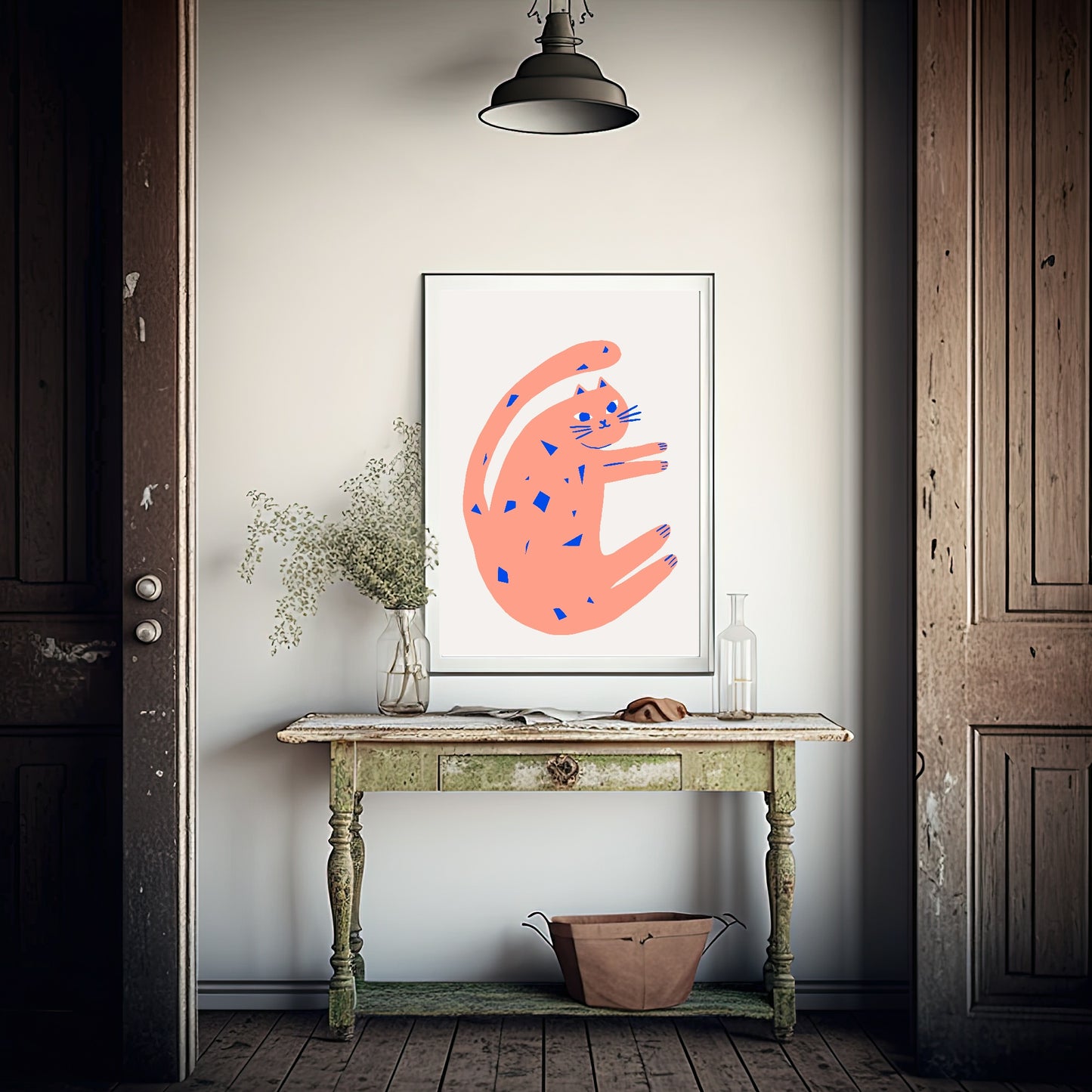 Peach & Blue Cat Print | Pet Lovers Wall Art