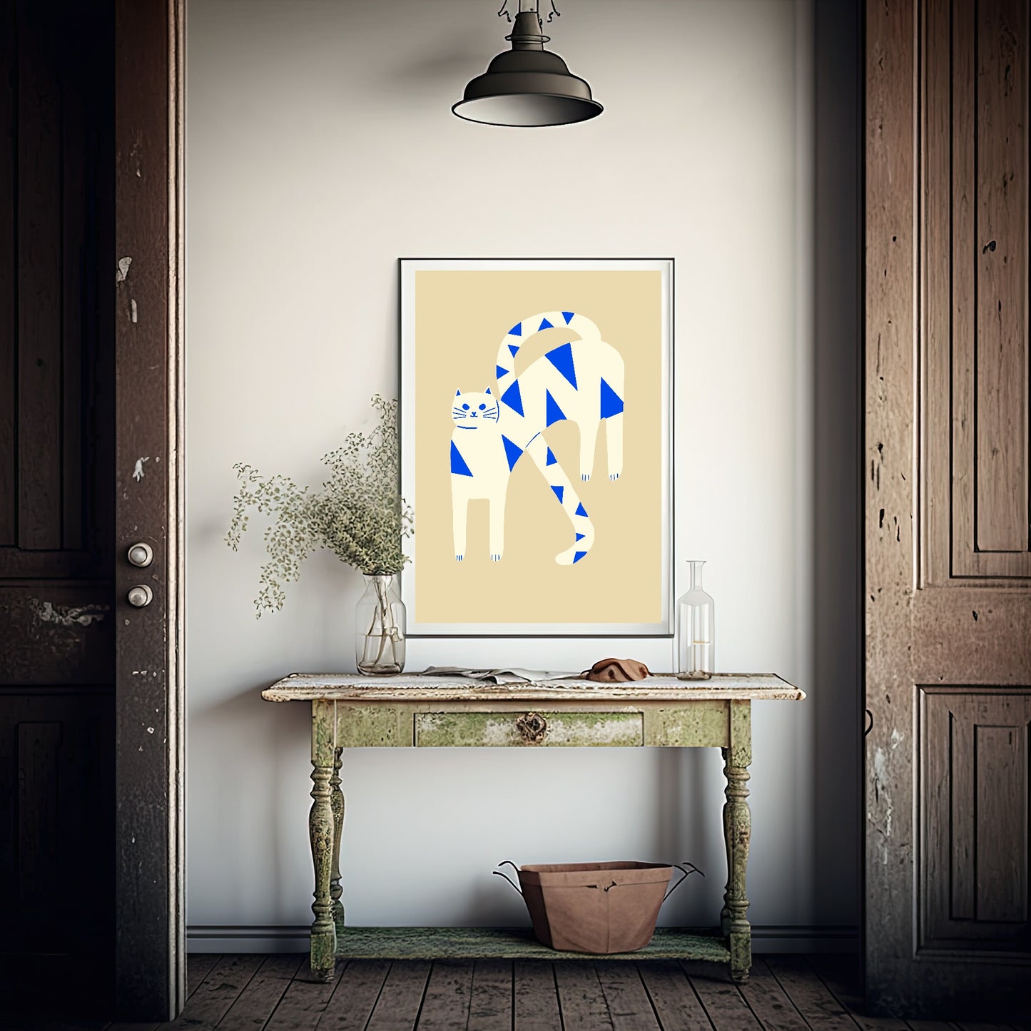 Cream, White & Blue Abstract Cat Print | Pet Lovers Wall Art