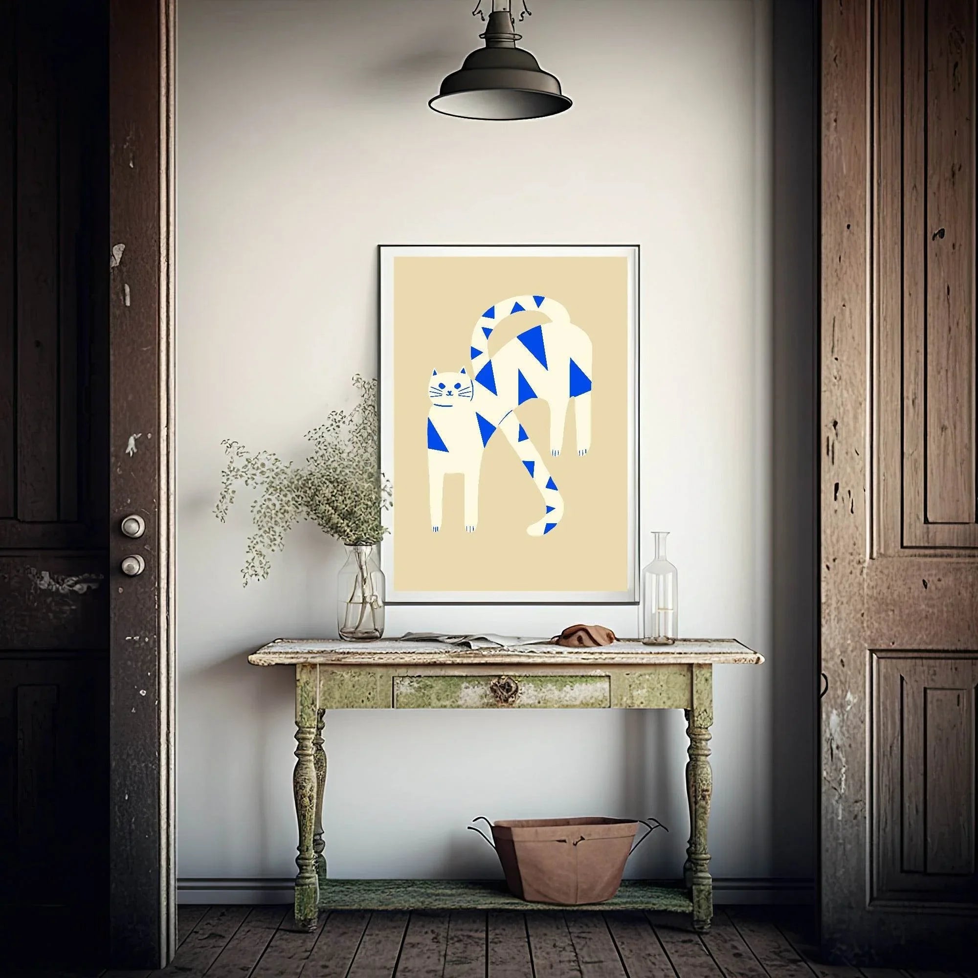 Cream, White & Blue Abstract Cat Print | Pet Lovers Wall Art - Larosier Prints