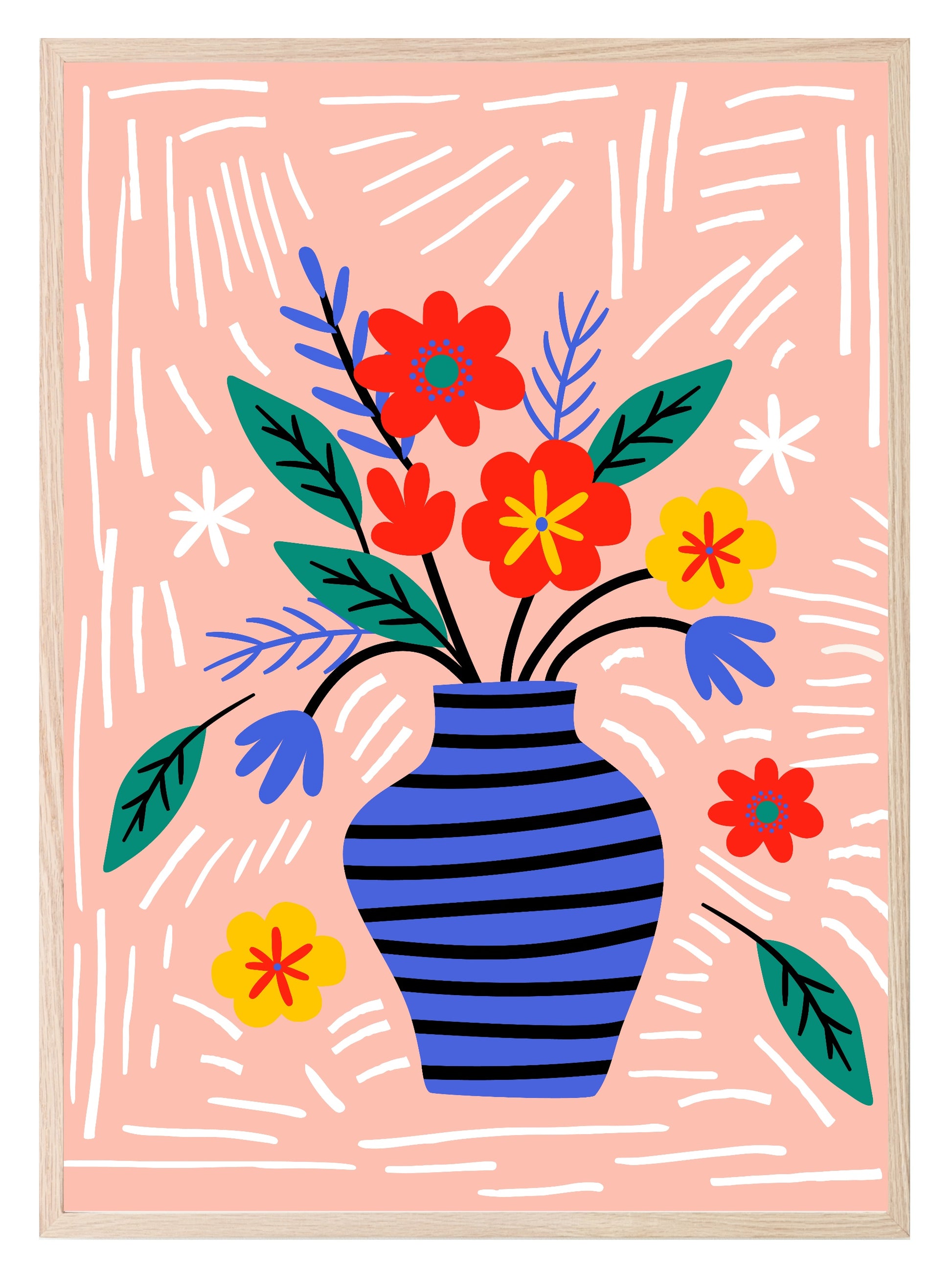 Blue Vase & Flowers On Pink Background Print | Abstract Wall Art