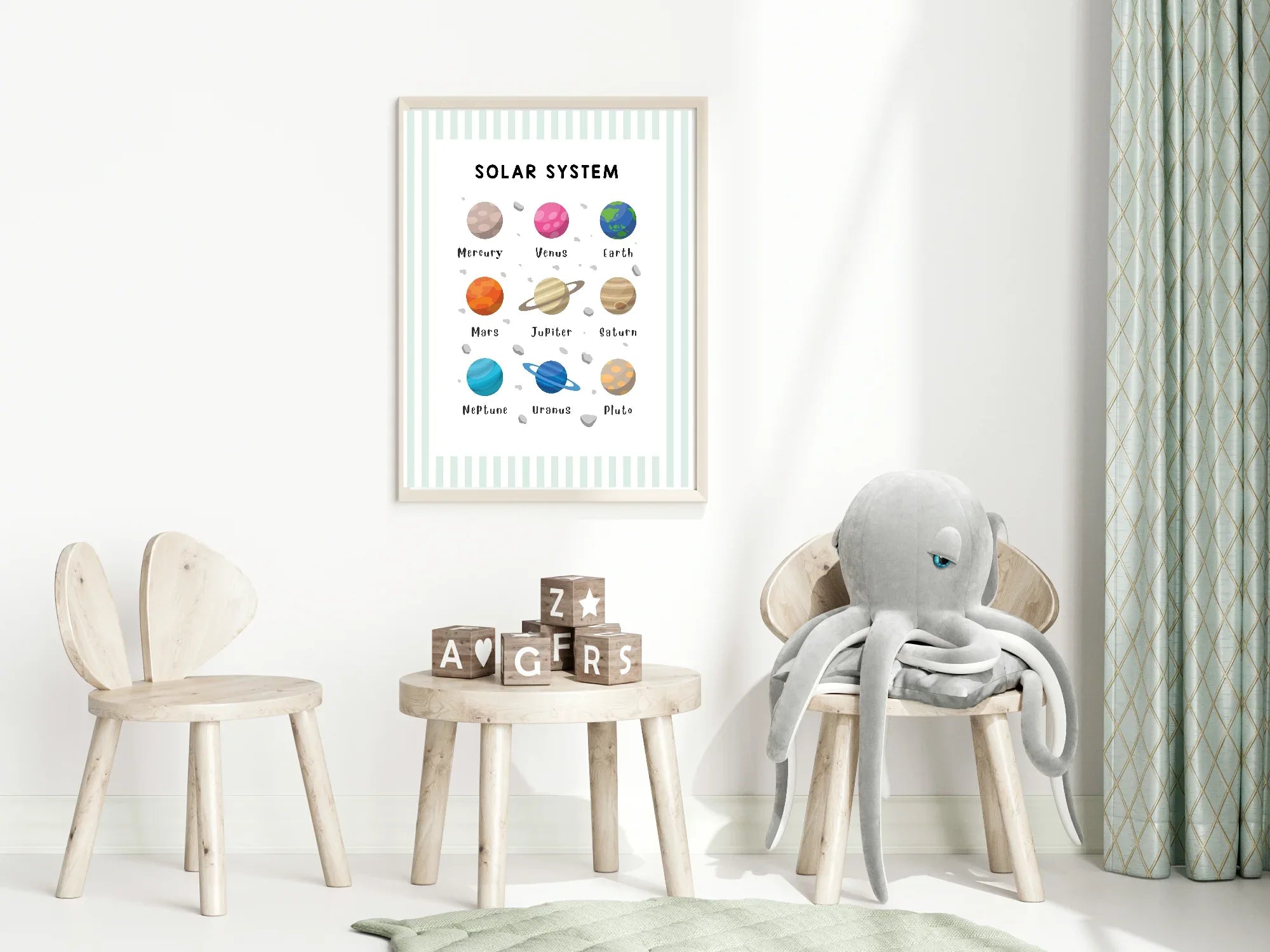 Pastel Stripe Solar System Educational Wall Art Poster | Blue, Pink or Mint Green - Larosier Prints