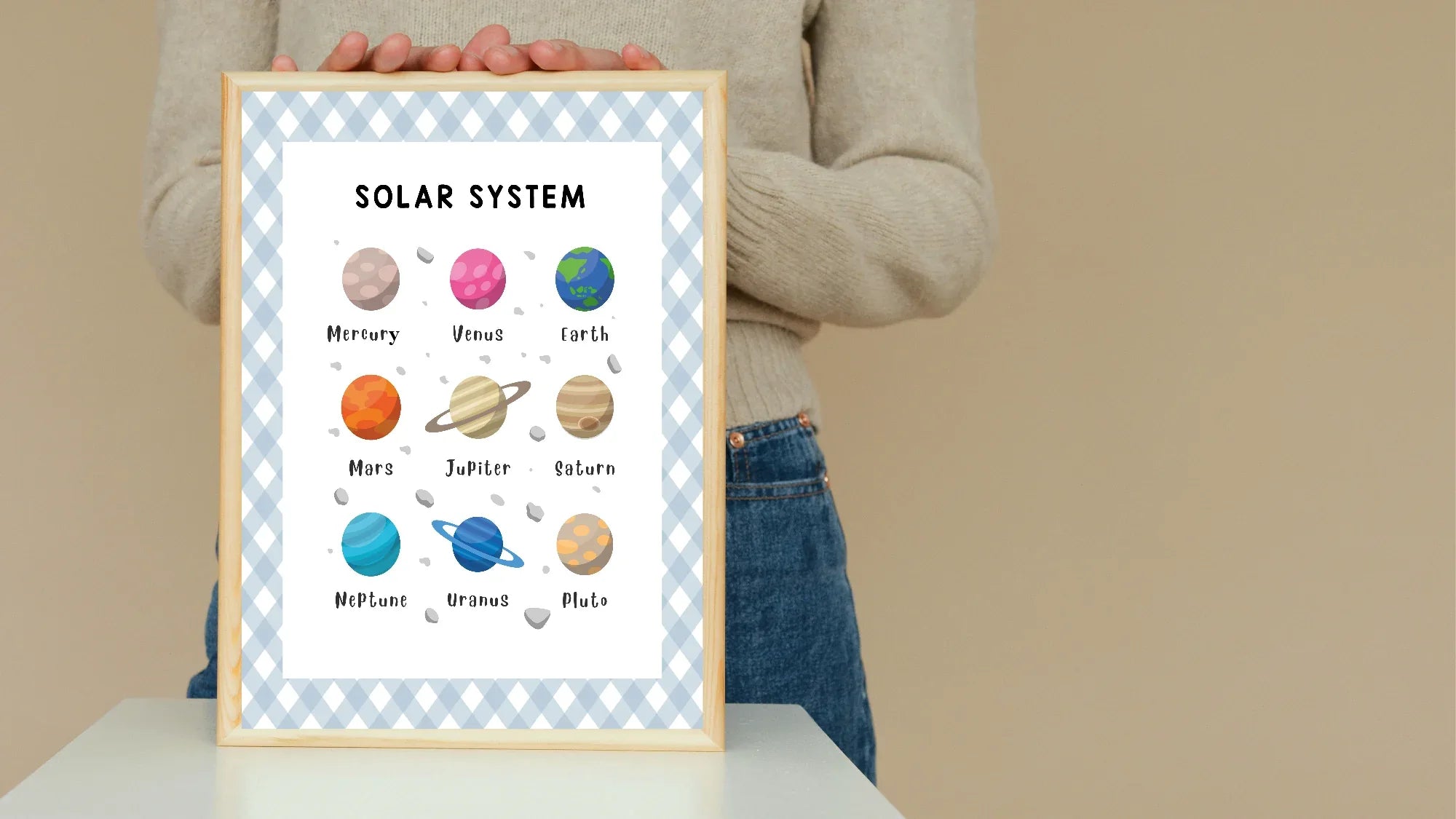 Pastel Plaid Solar System Educational Wall Art Poster| Blue, Pink or Mint Green - Larosier Prints