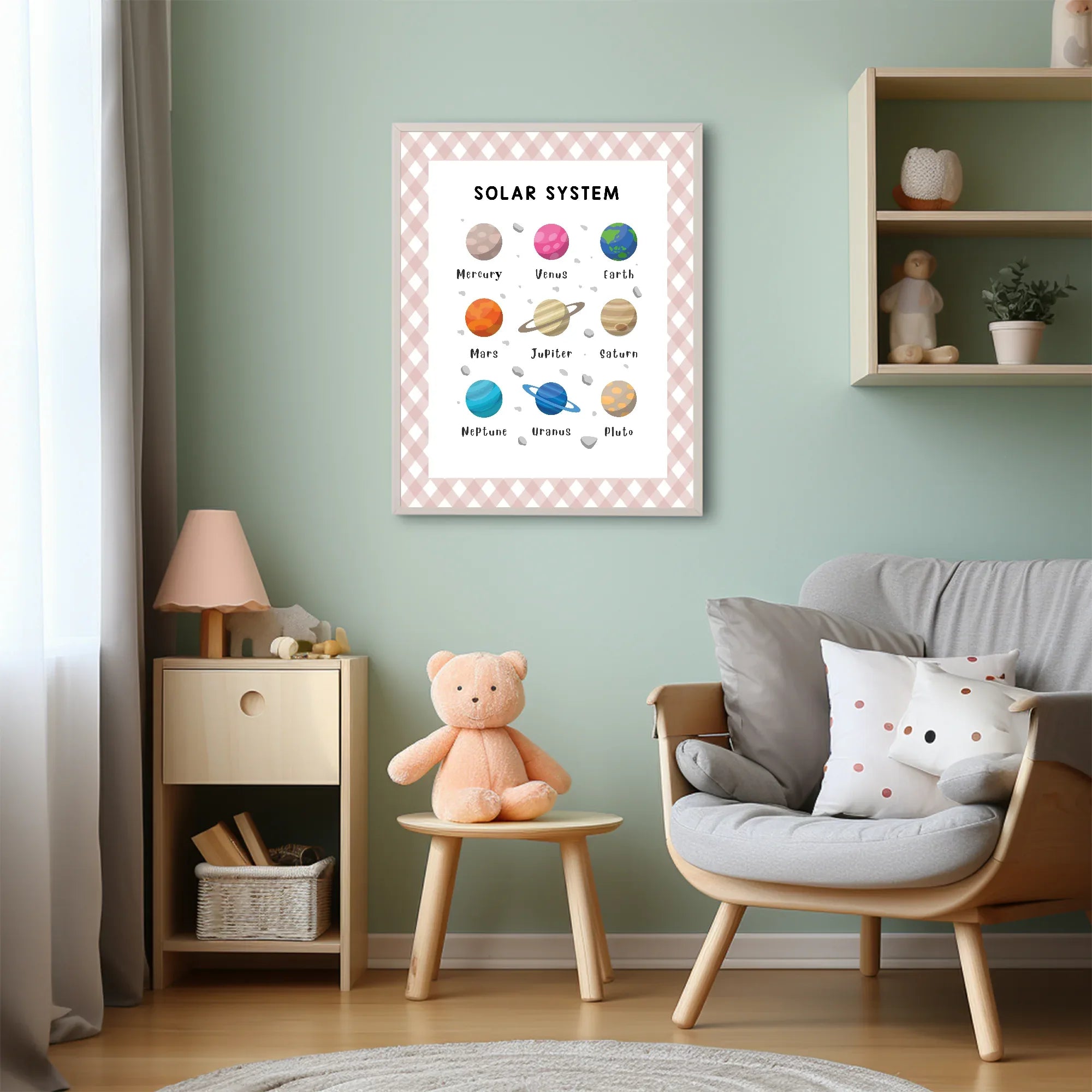 Pastel Plaid Solar System Educational Wall Art Poster| Blue, Pink or Mint Green - Larosier Prints