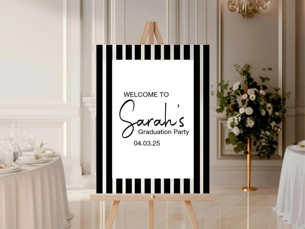 Black & White Stripe Graduation Party Sign - Larosier Prints