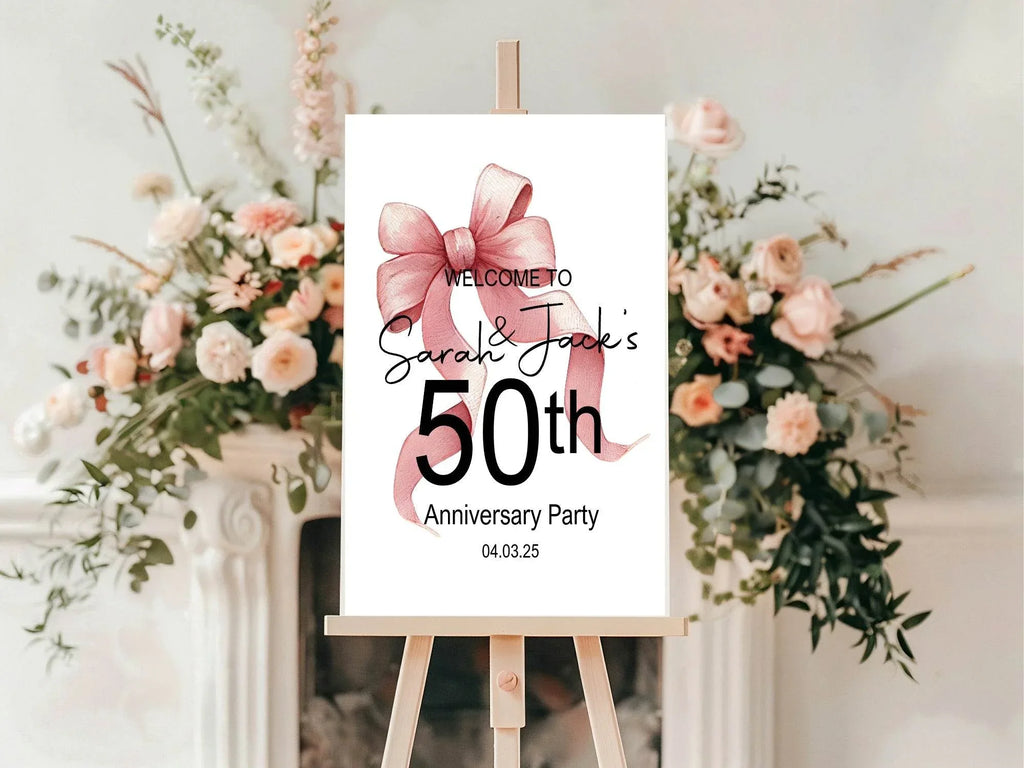 Pink Bow Welcome Anniversary Party Sign - Larosier Prints