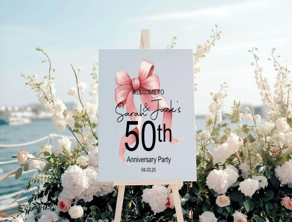 Pink Bow Welcome Anniversary Party Sign - Larosier Prints