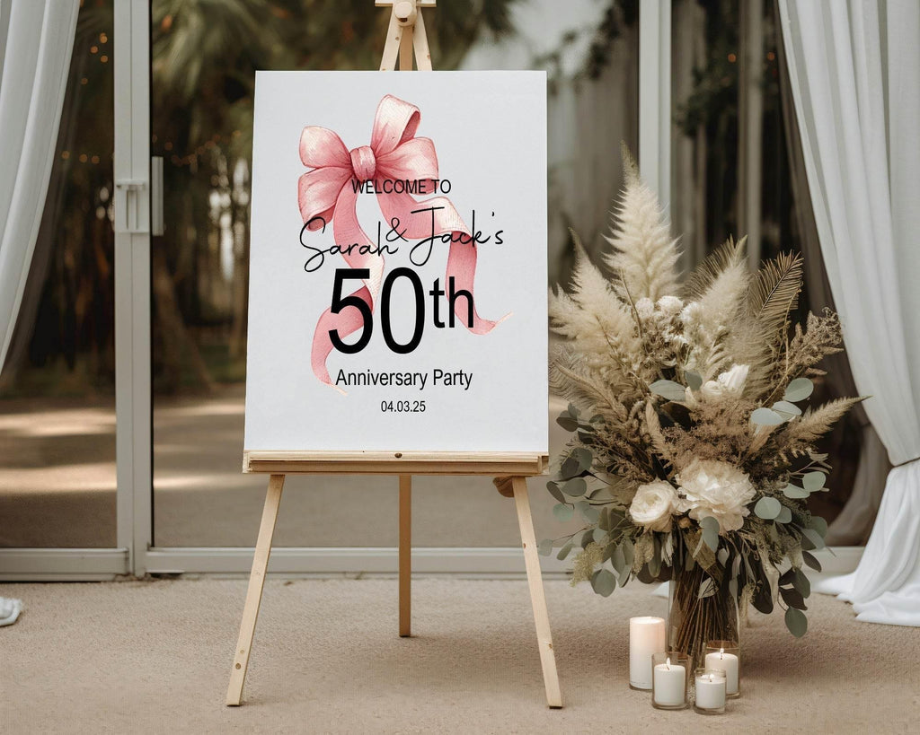 Pink Bow Welcome Anniversary Party Sign - Larosier Prints