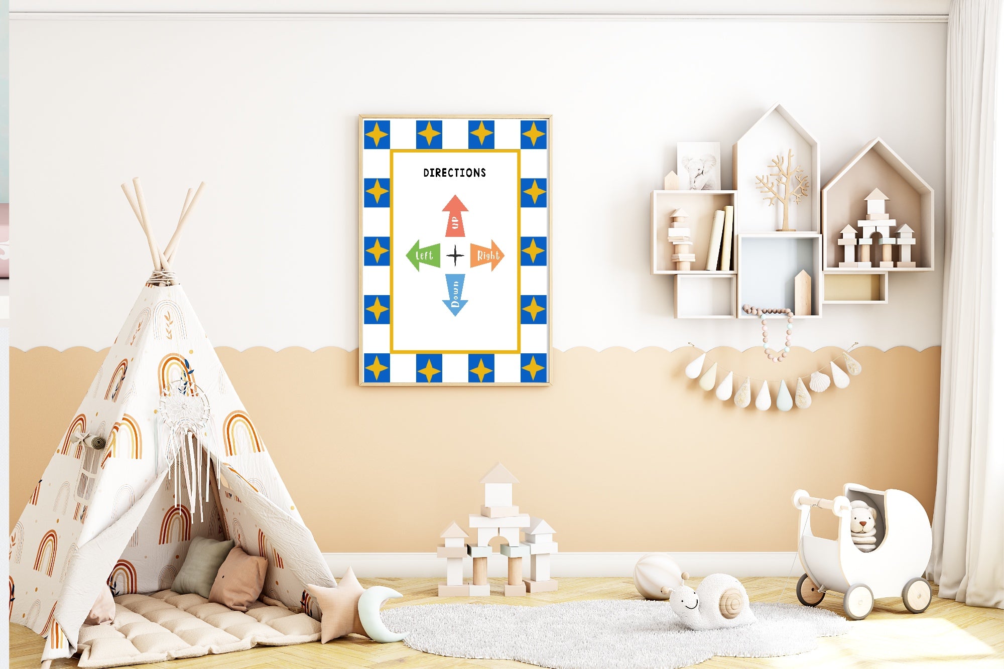 Blue Checked & Stars Directions Poster | Educational Wall Art