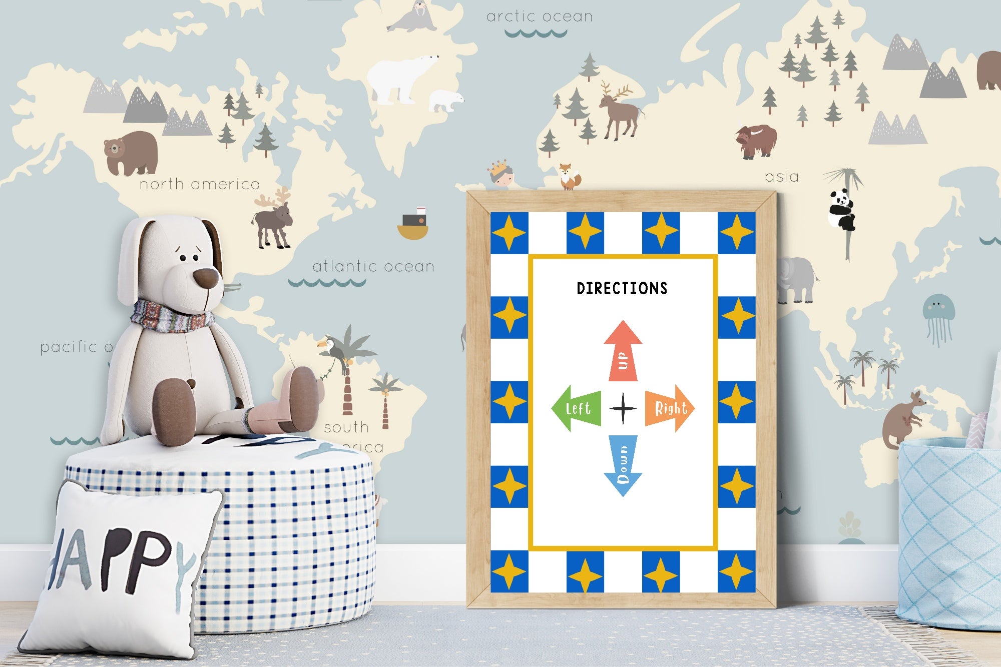 Blue Checked & Stars Directions Poster | Educational Wall Art