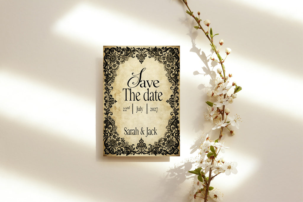 Black Lace Wedding Party Save The Dates & Envelopes | Pack of 10